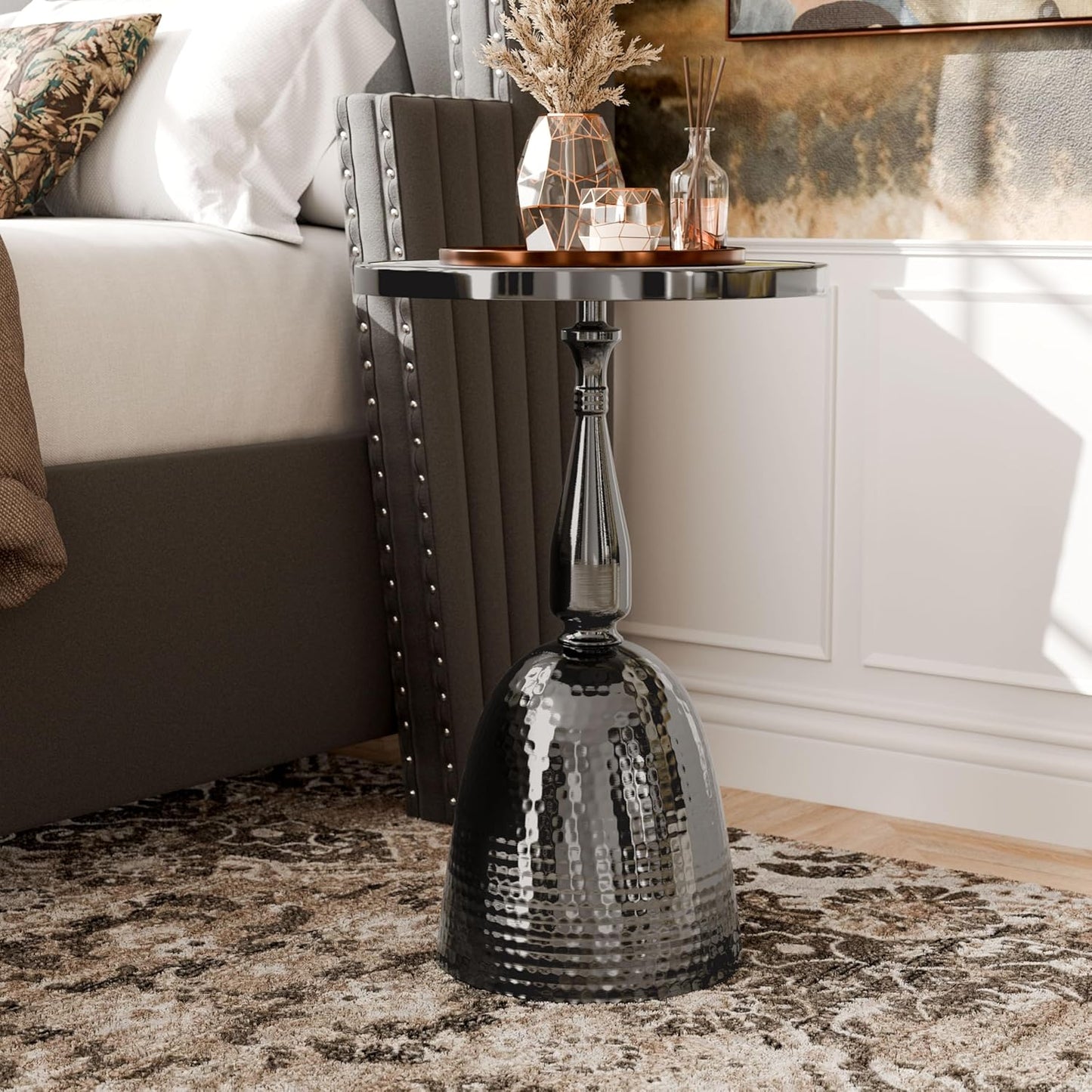 HOMES: Inside + Out Halric Modern 24" Tall Round End Table with Decorated Tabletop and Iron Metal Base, Accent Furniture, Elegant Pedestal Stand for Living Room, Home Office, Black with Faux Marble