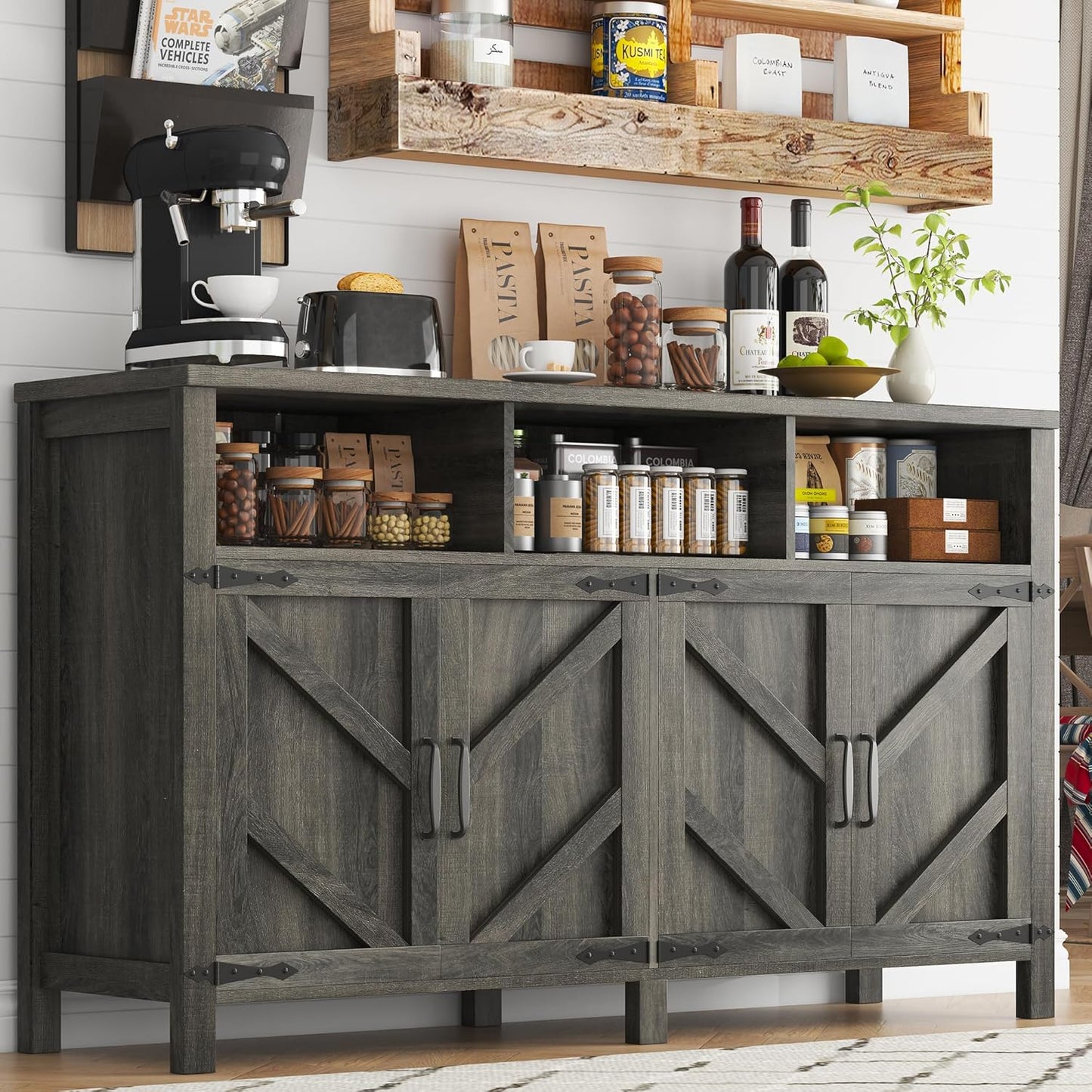 Buffet Sideboard with Storage Farmhouse with 4 Doors, 55'' Large Kitchen Storage Cabinet Wood Coffee Bar Cabinet Buffet Table with Shelves for Kitchen, Dining Room, Entryway (Gray, 55in)