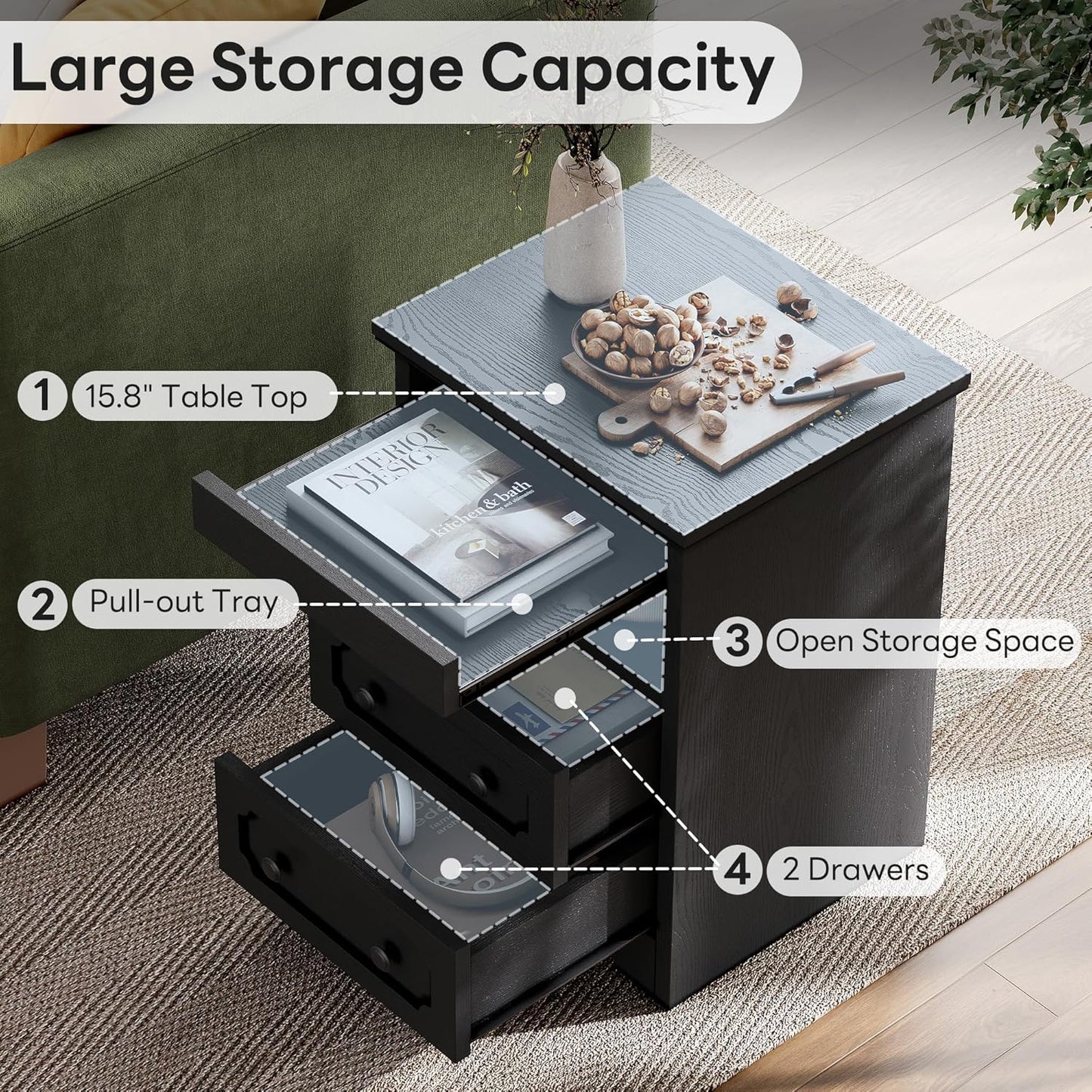 LIKIMIO Night Stand, Modern Bedside Table with 2 Drawers, Open Shelf, End Table with Pull-Out Tray, Wood SideTable, Black