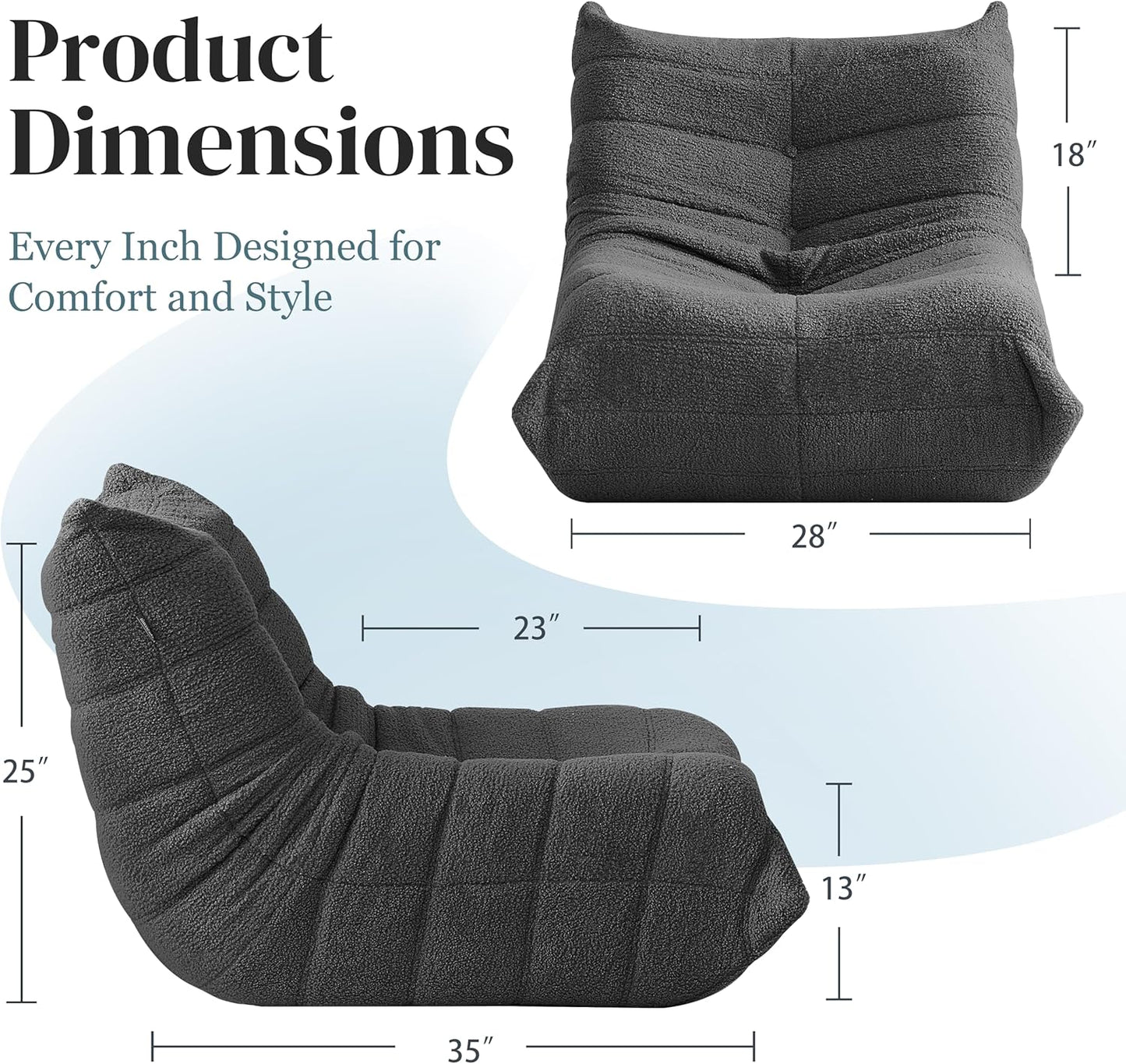 Bean Bag Chair, Fireside Chair Bean Bag Sofa for Adults, Bean Bag Chairs for Teens with High-Resilience Foam, Memory Foam & Non-Slip Base Bean Bag for Living Room, Bedroom, Office (Teddy, Dark Gray)