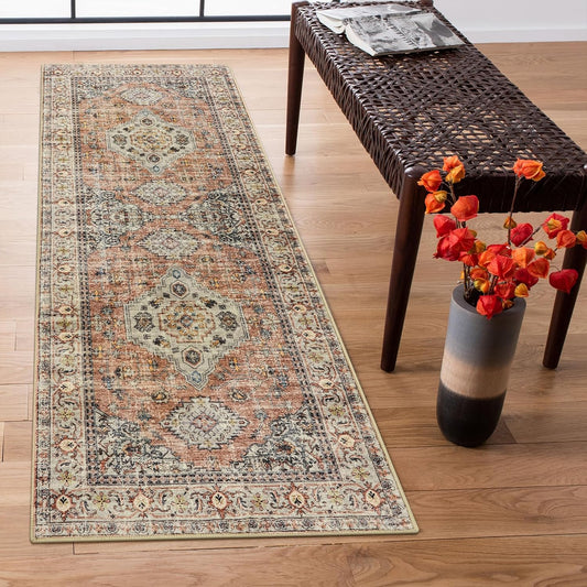 Lahome Oriental Washable Rug Runners for Hallways, 2x5 Kitchen Runner Rug Non Slip with Rubber Backing Ultra-Thin Vintage Carpet for Bedroom Bathroom, Peach/Orange