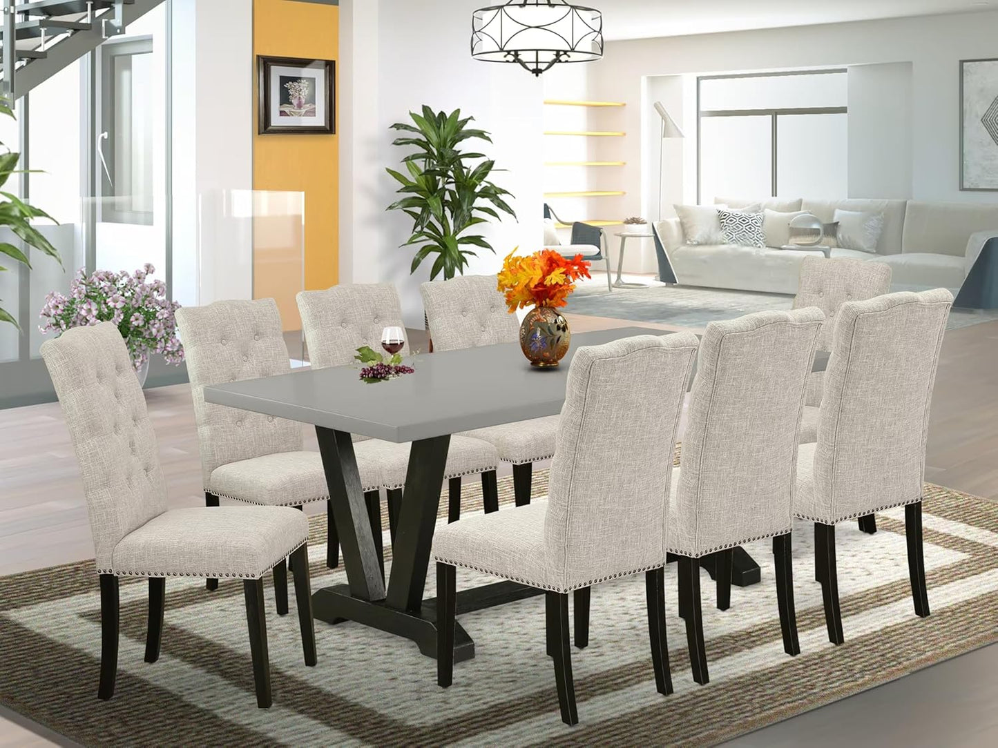East West Furniture V697EL635-9 9 Piece Dining Set Includes a Rectangle Dining Room Table with V-Legs and 8 Doeskin Linen Fabric Upholstered Parson Chairs, 40x72 Inch, Multi-Color
