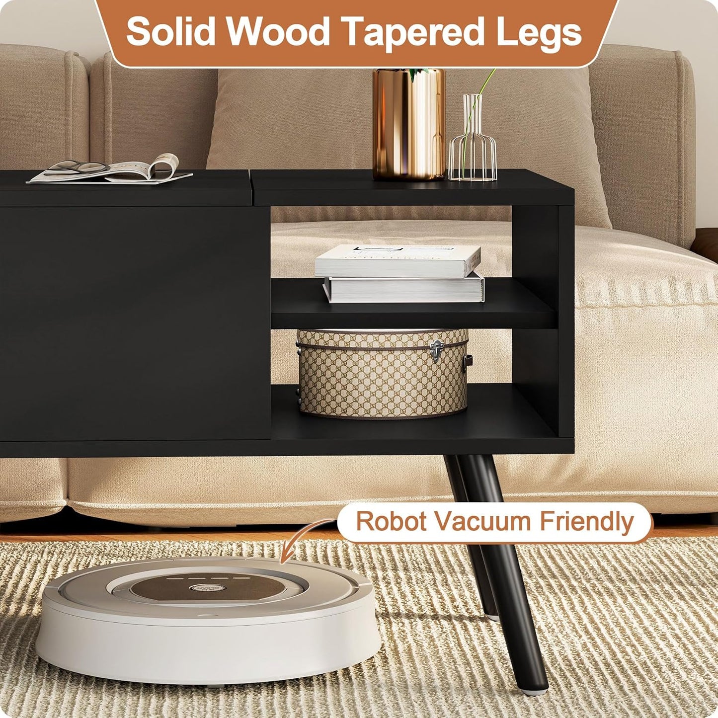 ALINE FURNITURE Black Lift Top Coffee Table with Hidden Storage Compartment, Solid Wood Legs & Open Shelves - 40" Pop Up Coffee Tables for Living Room