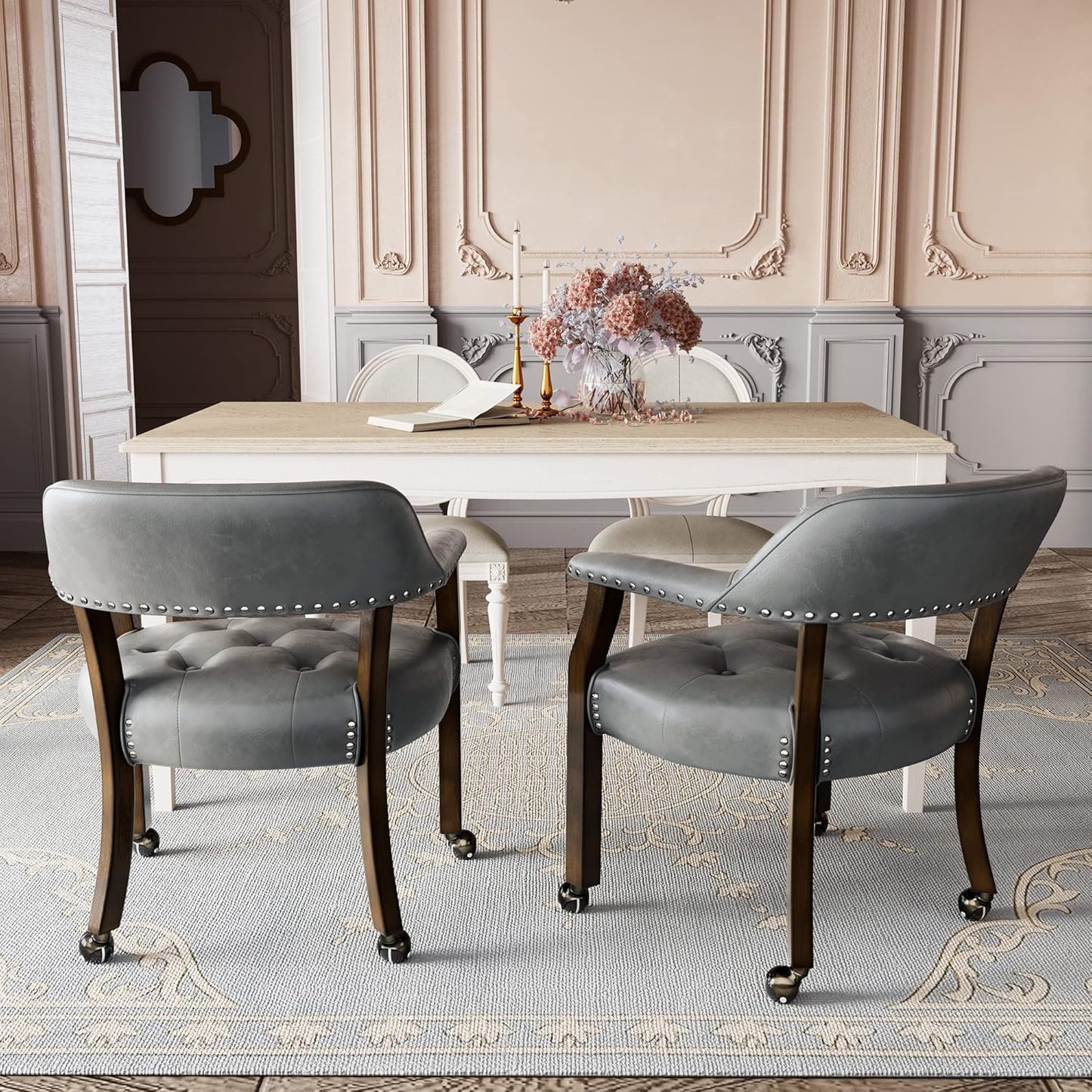 LEEMTORIG Dining Chairs with Casters and Arms, Rolling Dining Chairs with Wheels, Game Poker Table Chairs, Solid Wood Boss Caption's Chairs Office Desk Chairs, Espresso Legs & Dark Grey, XXY-1910-DG