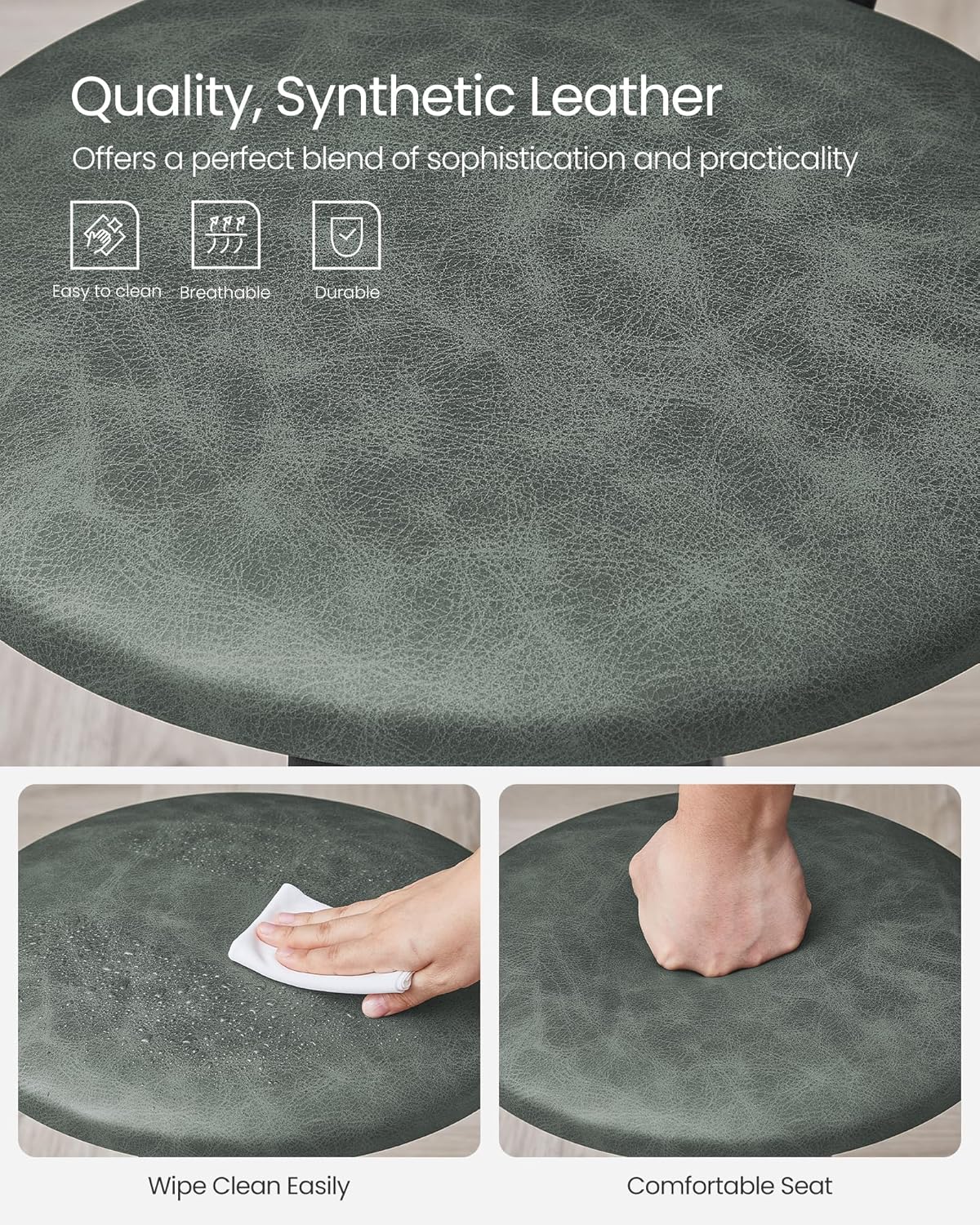 VASAGLE Bar Stools, Set of 2 PU Upholstered Breakfast Stools, 29.7-Inch Barstools with Back and Footrest, Simple Assembly, for Dining Room Kitchen Counter, Classic Black and Forest Green ULBC059C01