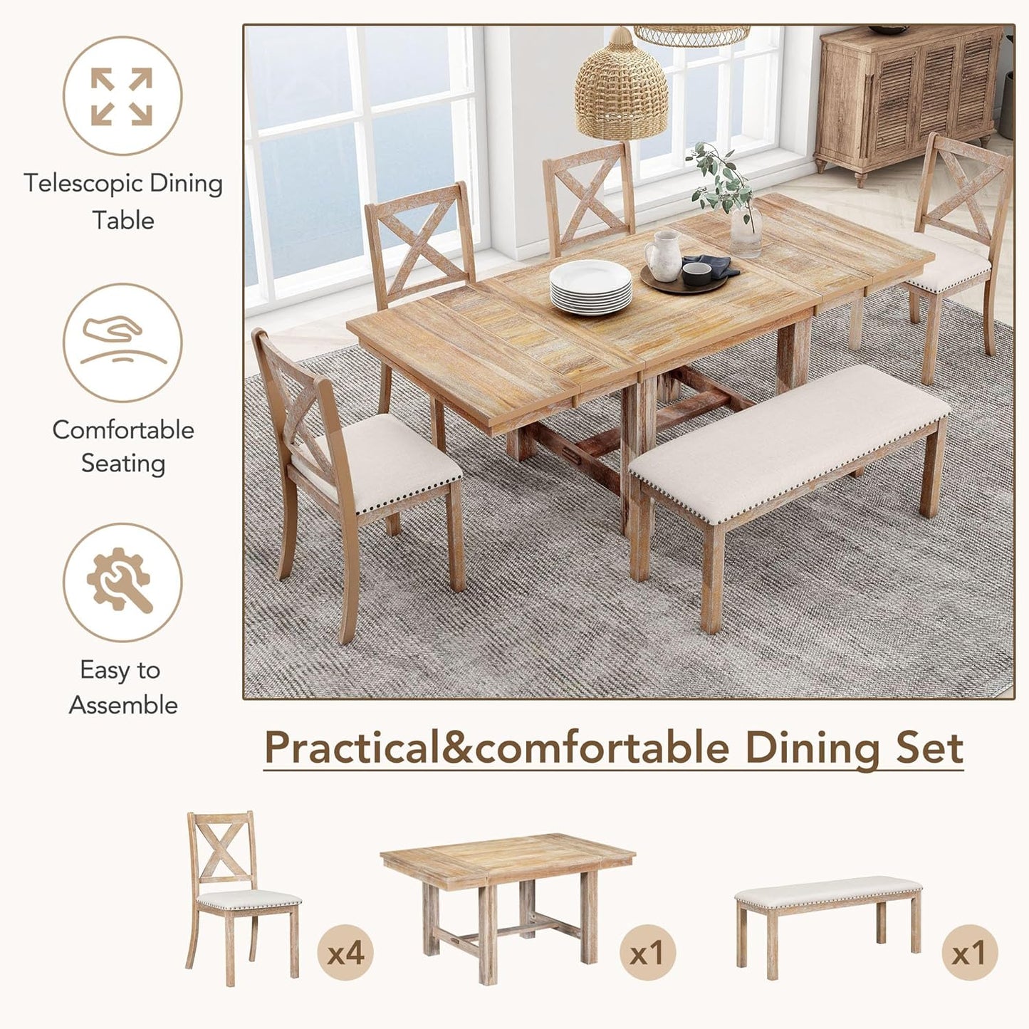 Ball & Cast Farmhouse 6 Piece Extendable Dining Table with Footrest,Living Room Furniture w/ 4 Upholstered Dining Chairs & Dining Bench,2 11" Removable Leaf,for Dining Room & Kitchen,Natural+Beige