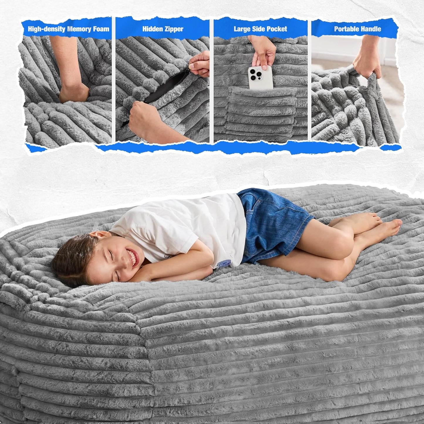 Hobestluk 3FT Bean Bag Chairs Adult Bean Bag with Portable Handle Comfy Large Bean Bag Chair with Removable Cover for Living Room Bedroom or Reading Nook (Stripe Grey, 3FT)