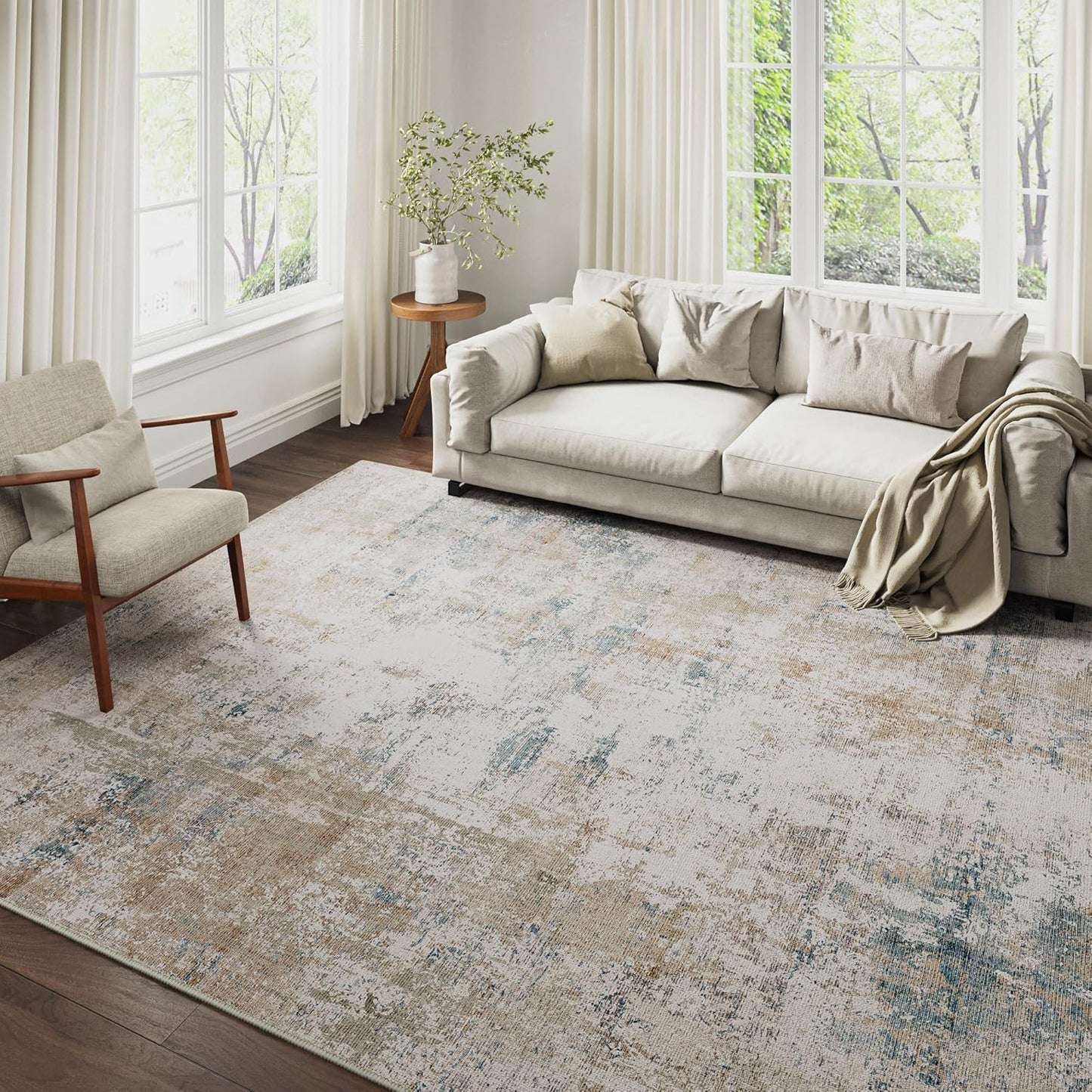 9x12 Washable Area Rug Beige Blue Neutral Abstract Living Room Bedroom Large Throw Rug Non Slip Soft Low Pile Indoor Floor Carpet for Dining Room Kitchen Office Entryway