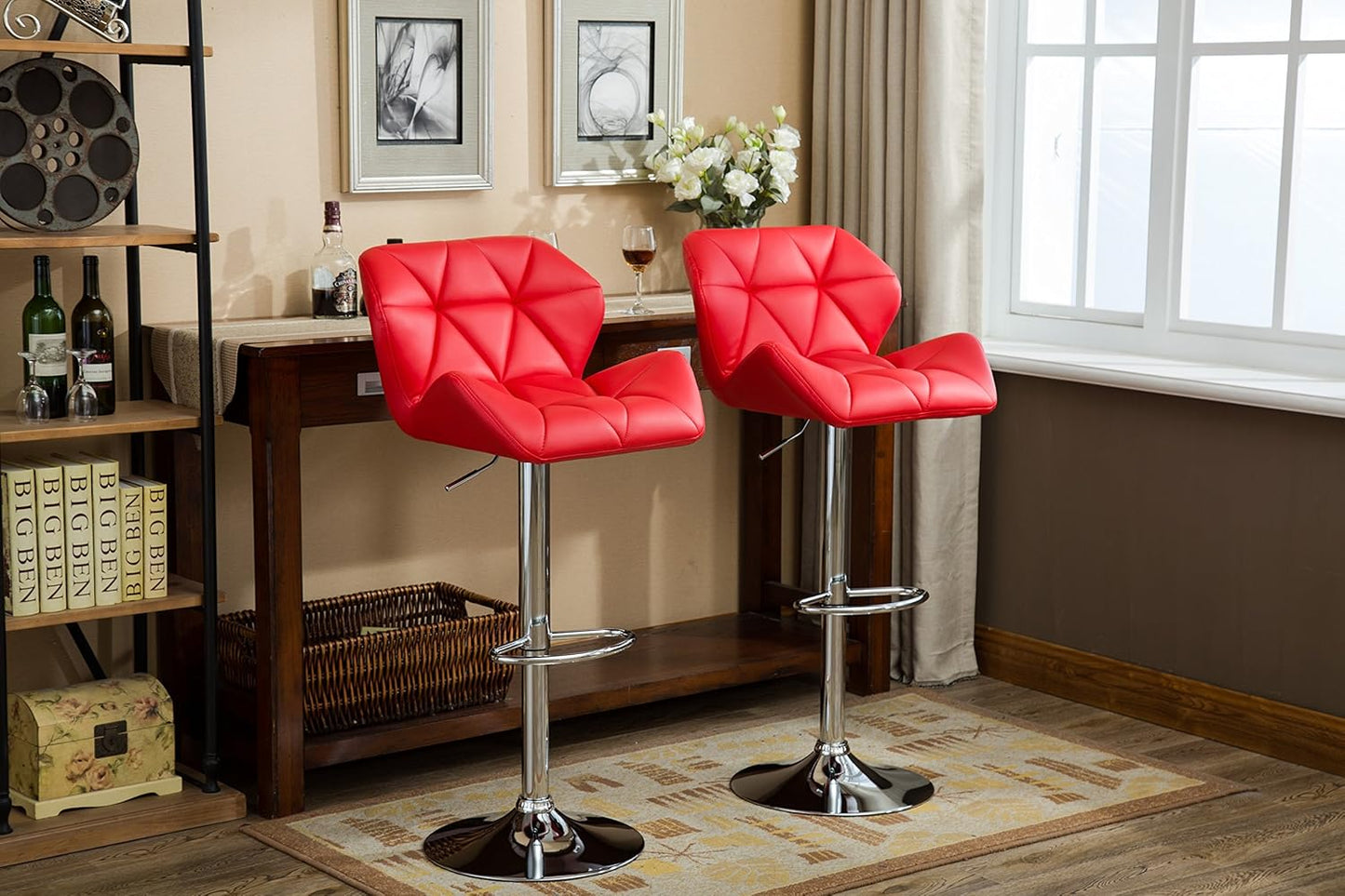 Roundhill Furniture Glasgow Contemporary Tufted Adjustable Height Hydraulic Red Bar Stools, Set of 2