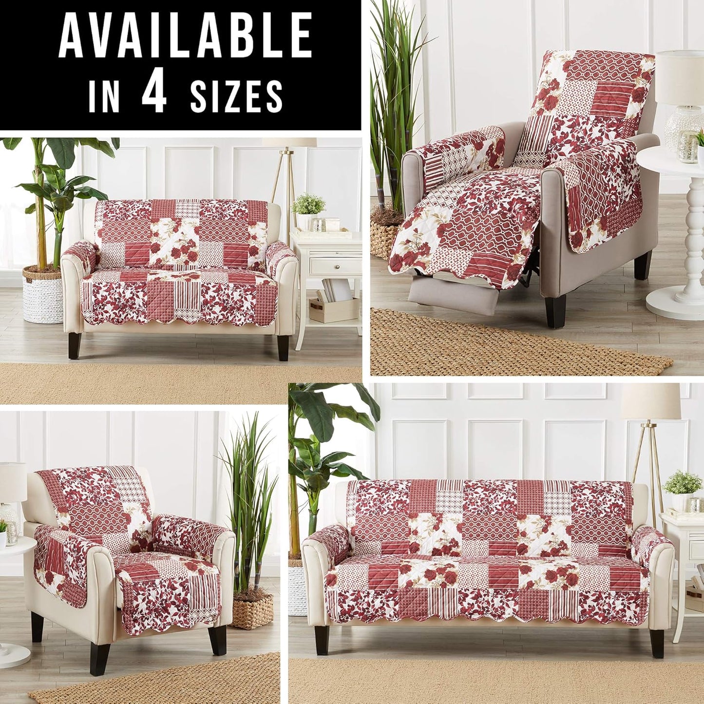 Great Bay Home Patchwork Scalloped Printed Furniture Protector Stain Resistant Sofa Cover (Sofa, Burgundy)