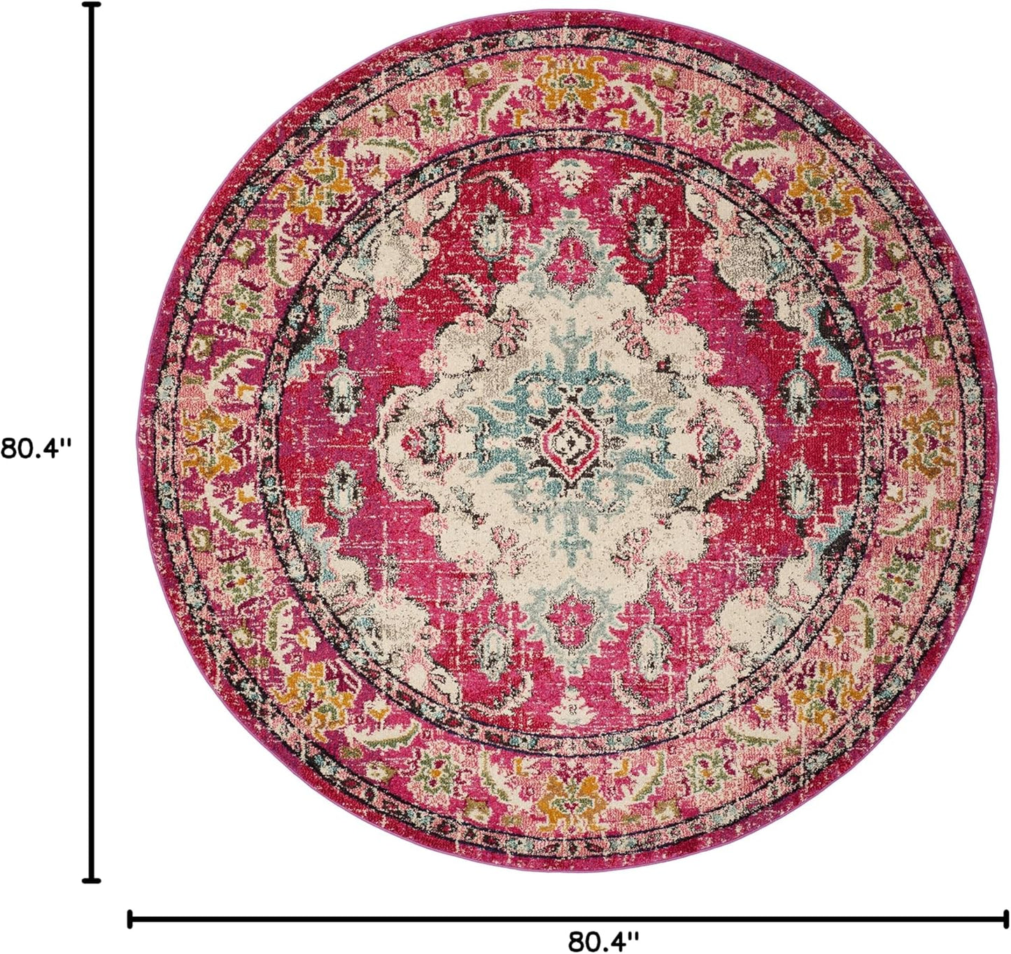 SAFAVIEH Monaco Collection Area Rug - 6'7" Round, Pink & Multi, Boho Chic Medallion Distressed Design, Non-Shedding & Easy Care, Ideal for High Traffic Areas in Living Room, Bedroom (MNC243D)