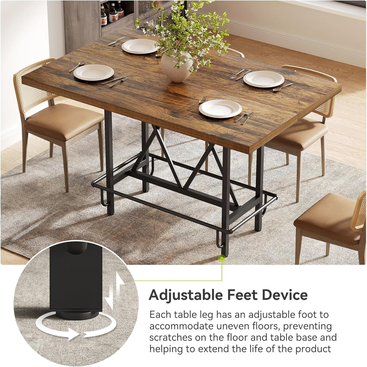 LITTLE TREE 63-Inch Industrial Bar Table with Metal Footrest, Counter Height Pub Table for Kitchen, Home Bar & Entertaining (Brown)