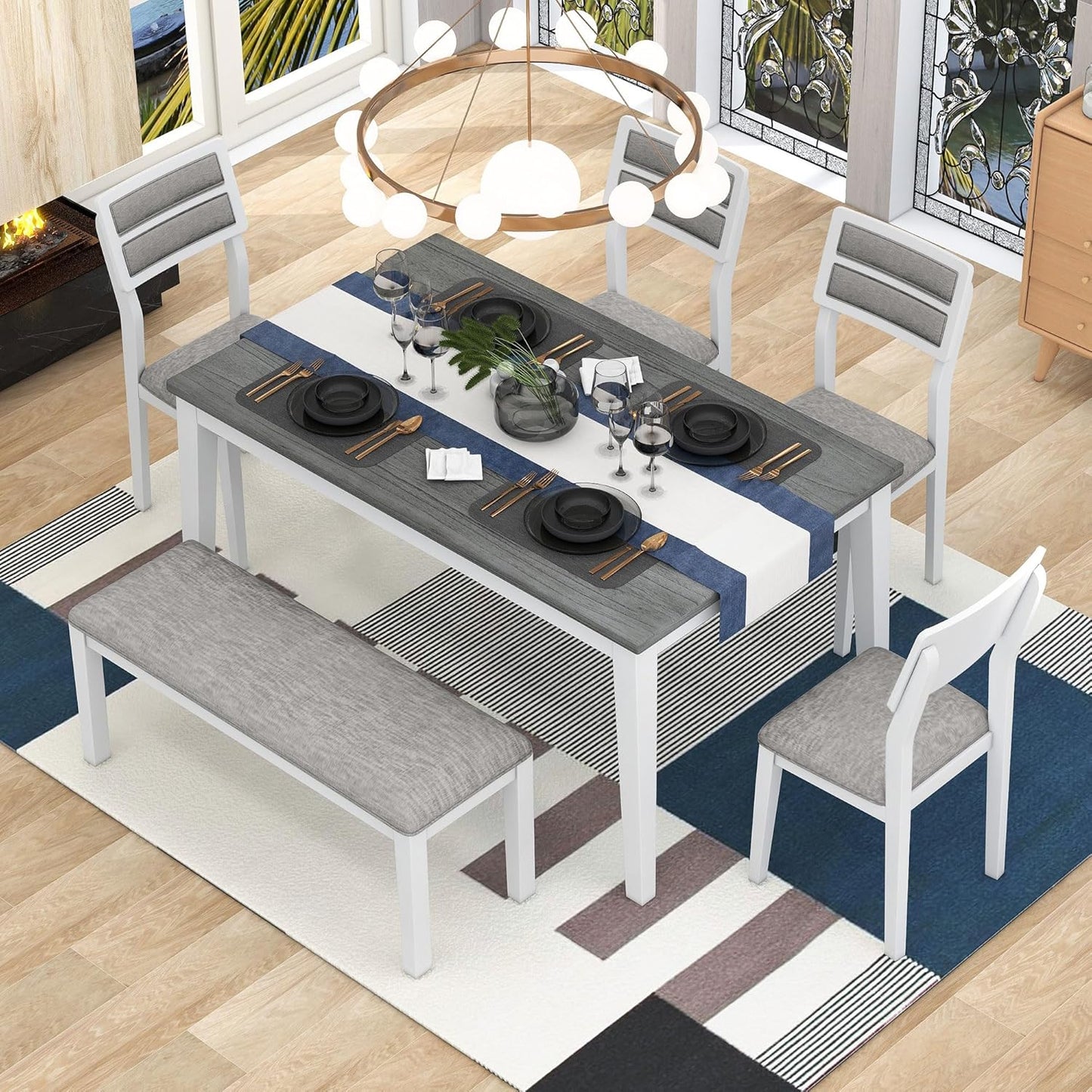 Ball & Cast 6-Piece Dining Table Set for 6,Kitchen Table Set W/ 4 Upholstered Chairs & 1 Bench,Living Room Furniture W/ 60" Rectangle Table & Foot Pad,for Dining Room,Kitchen,Restaurant,White+Gray