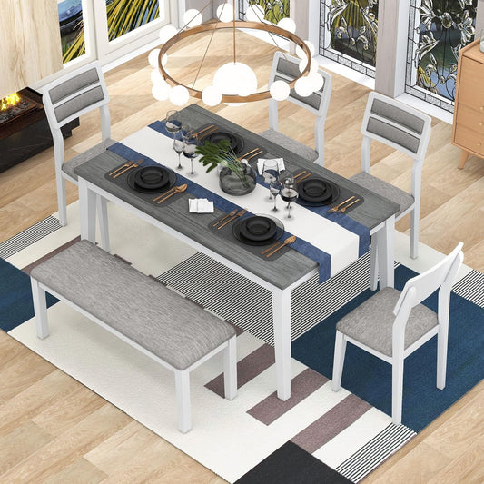 Ball & Cast 6-Piece Dining Table Set for 6,Kitchen Table Set W/ 4 Upholstered Chairs & 1 Bench,Living Room Furniture W/ 60" Rectangle Table & Foot Pad,for Dining Room,Kitchen,Restaurant,White+Gray