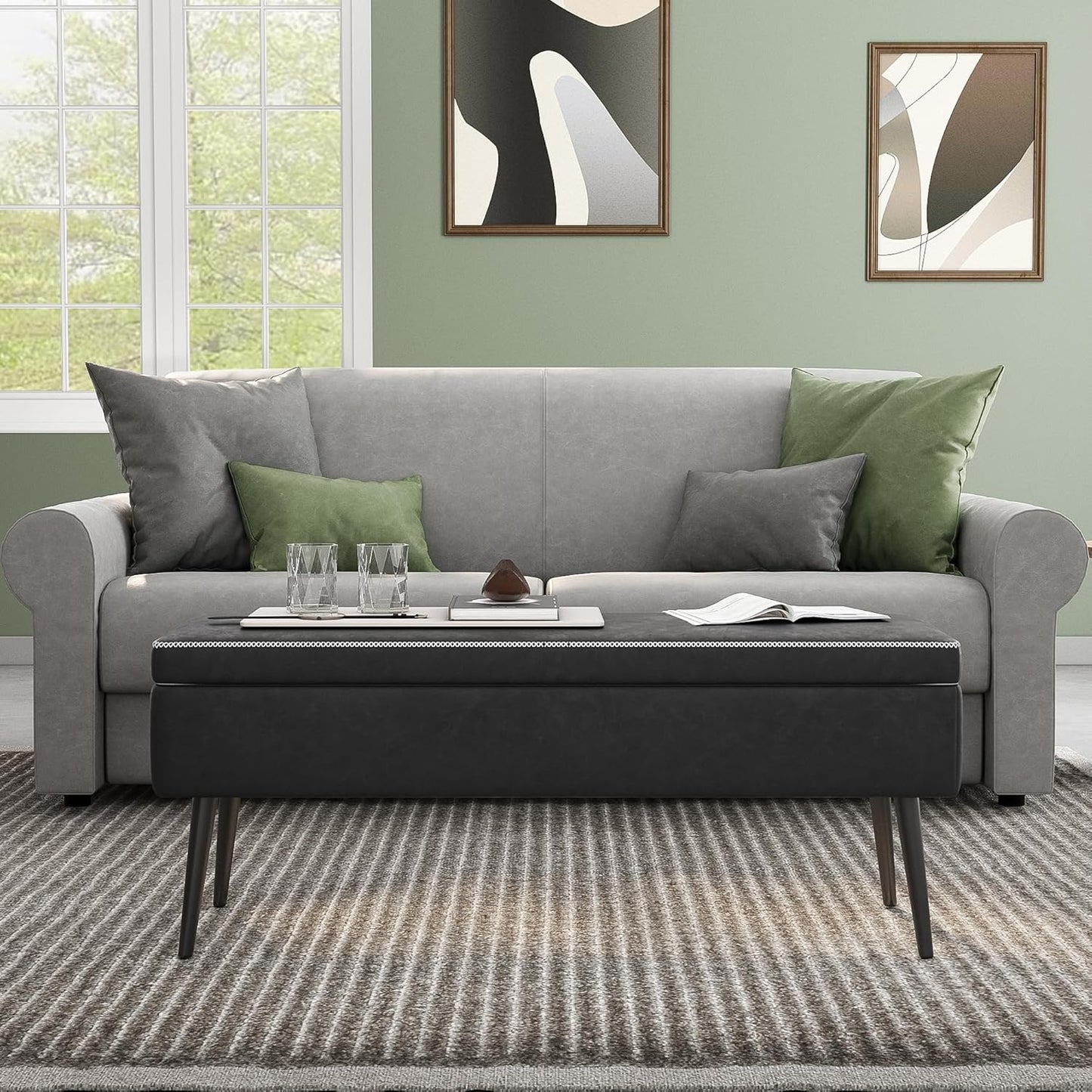 GarveeHome Storage Ottoman Bench, Mid-Century Modern Entryway Bedroom Bench, Synthetic Leather with Stitching, Safety Hinges, Loads 680 Lb, Black