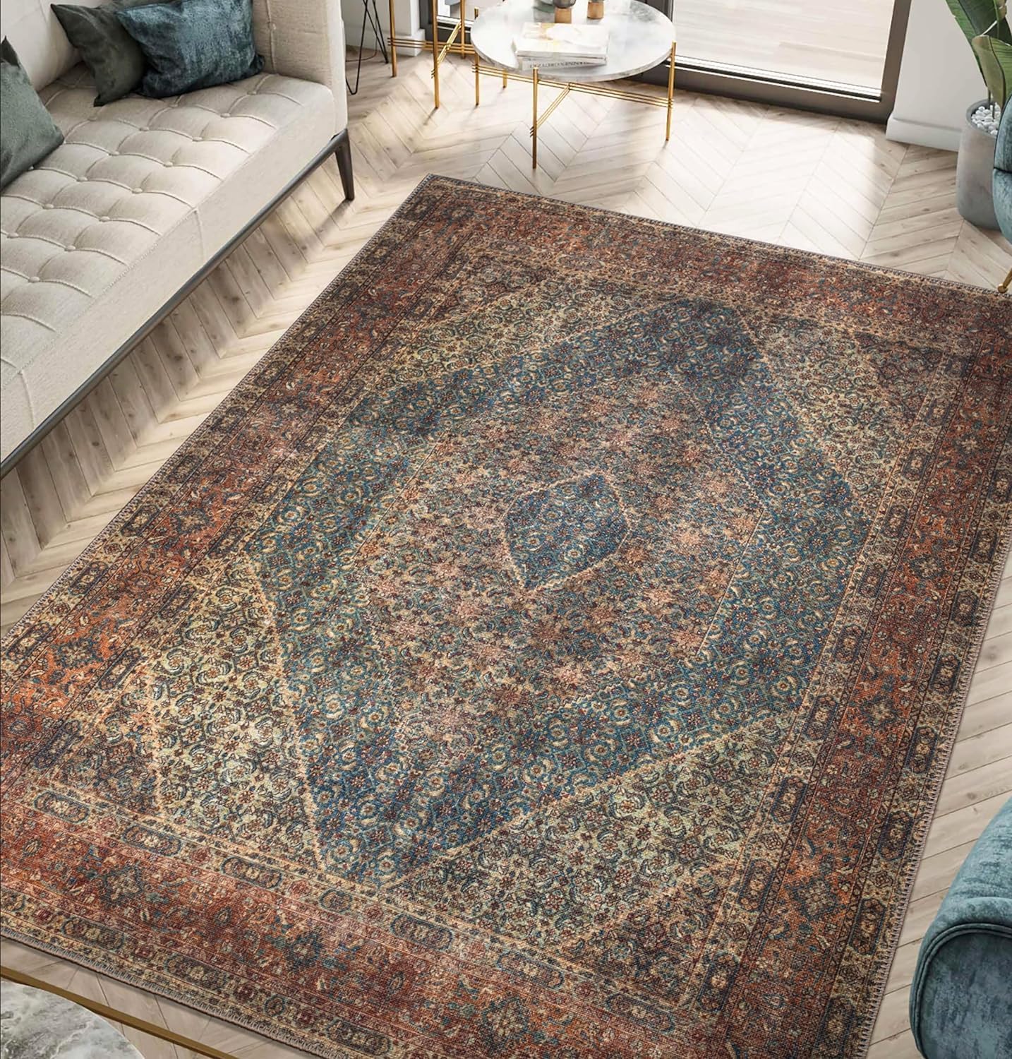 Keen Home Design 8x10 Rug - Machine Washable Area Rug with Non-Slip Backing, Ideal for Living Room, Dining Room, Bedroom - Vintage, Easy Clean, Durable, Low Pile Rug - (8' x 10')