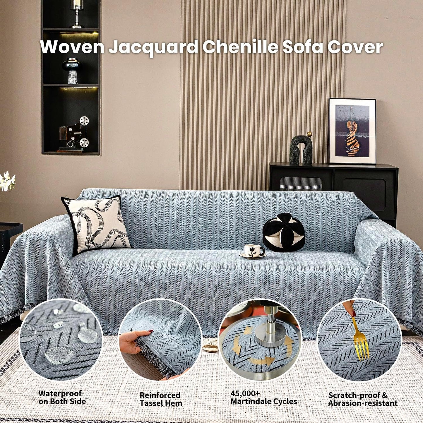 Nobildonna Sofa Chair Cover Waterproof Soft Thicken Chenille Cushion Couch Cover with Tassels,Washable Sofa Slipcovers for Armchair Recliner Sectional Furniture Protector,Dusty Blue 71"x71"