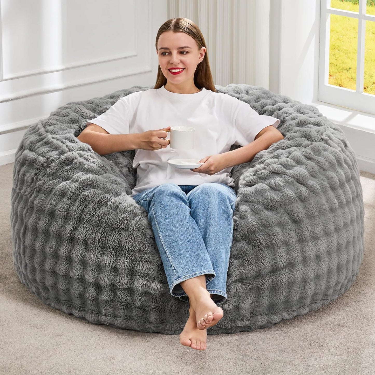 Hobestluk Bean Bag Chairs 3ft Beanbag Chair with Filler Adult Bean Bags with Fluffy & Machine Washable Cover, Giant Bean Bag Chairs for Adults (Grey, 3FT-36" x 36" x 22")