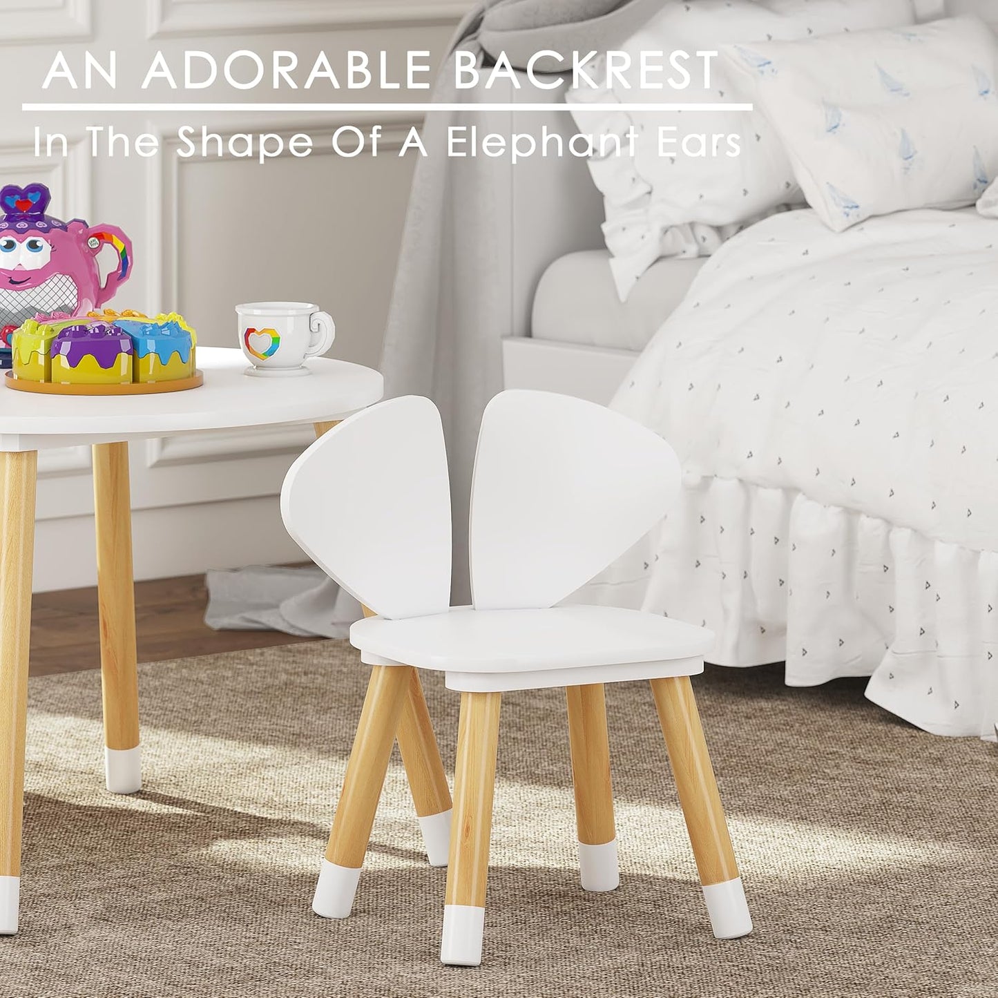 UTEX Kids Table and Chair Set, Toddler Table with Elephant Ear Chairs, 3 Pieces Kids Round Table for Toddlers, Girls, Boys,White