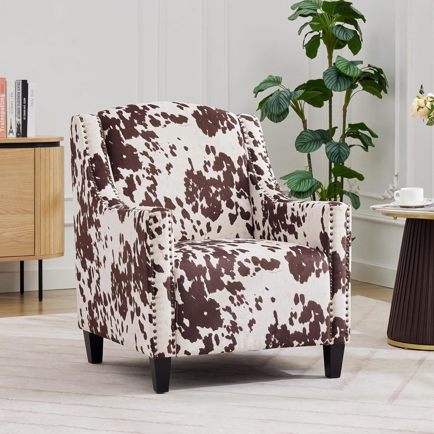 Ball & Cast Upholstered Arm Chair,Classic American Style Flower Design Fabric Dining Chair,Comfy Accent Chair w/Nailhead Trim & Wooden Legs,Seating Furniture for Bedroom,Apartment,Brown+White