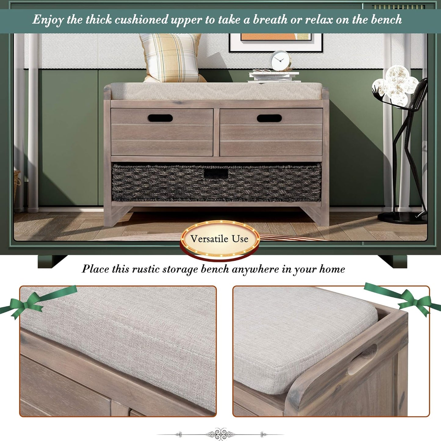 Merax Modern Wood Storage Bench with 2 Drawers and 1 Rattan Baskets for Living Room Bed Room Entryway Natural