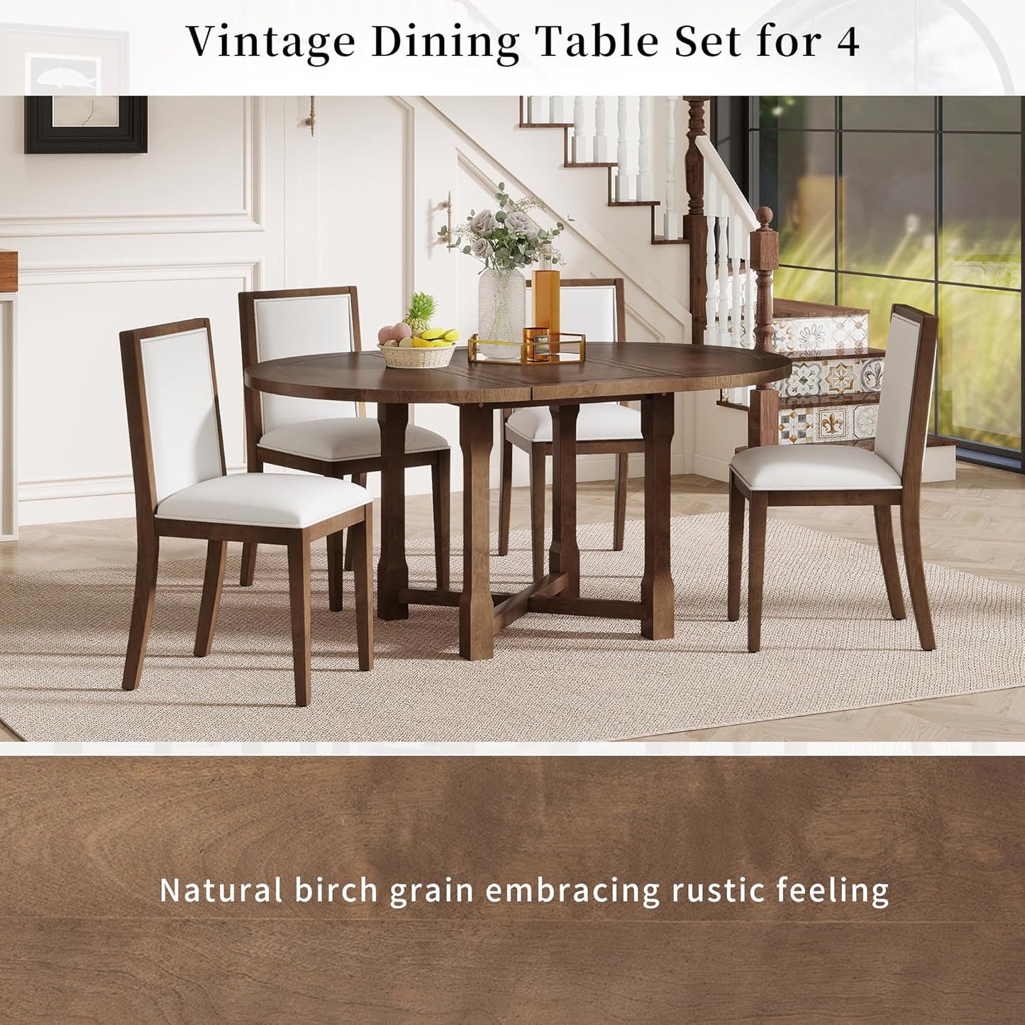 Ball & Cast Farmhouse 5 Pieces Dining Table Set with 4 Upholstered Chairs,Wooden Living Room Furniture for 4 W/ 57.7" Extendable Dining Table,Easy Assemble&Clean,for Dining Room,Bistro,Apartment,Brown