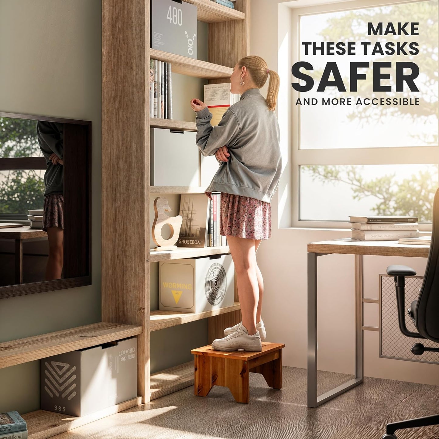 Holana 9" Acacia Wood One Step Stool for Adults - 300 Lbs Wooden Step Stools Heavy Duty for High Bed Riser, Bathroom, Bedroom - Small Stepping Stool for Elderly, Seniors, Kids, Handicap Use Indoor