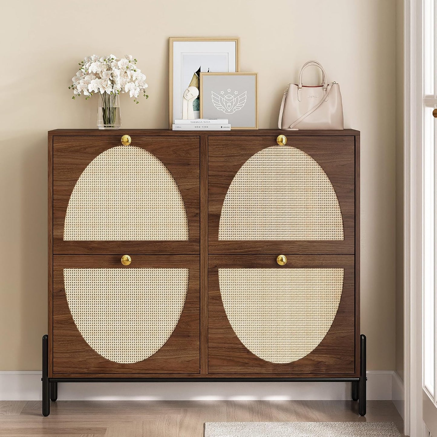 IRONCK Rattan Shoe Cabinet Storage with 4 Flip Drawers, Freestanding Shoe Storage Organizer Cabinet for Entryway, Narrow Shoe Rack Cabinet, Walnut