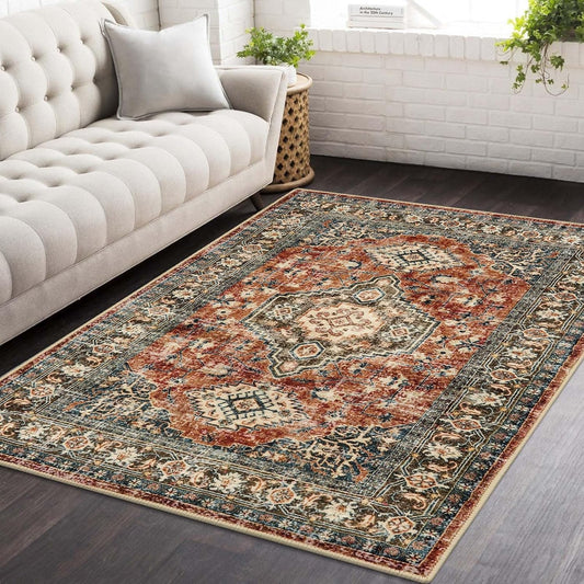Lahome Oriental Area Rug, 3x5 Washable Rugs for Living Room Non Slip Entry Mat, Vintage Soft Pet Friendly Throw Carpet for Entryway Bedroom Dinning Room, Brick Red