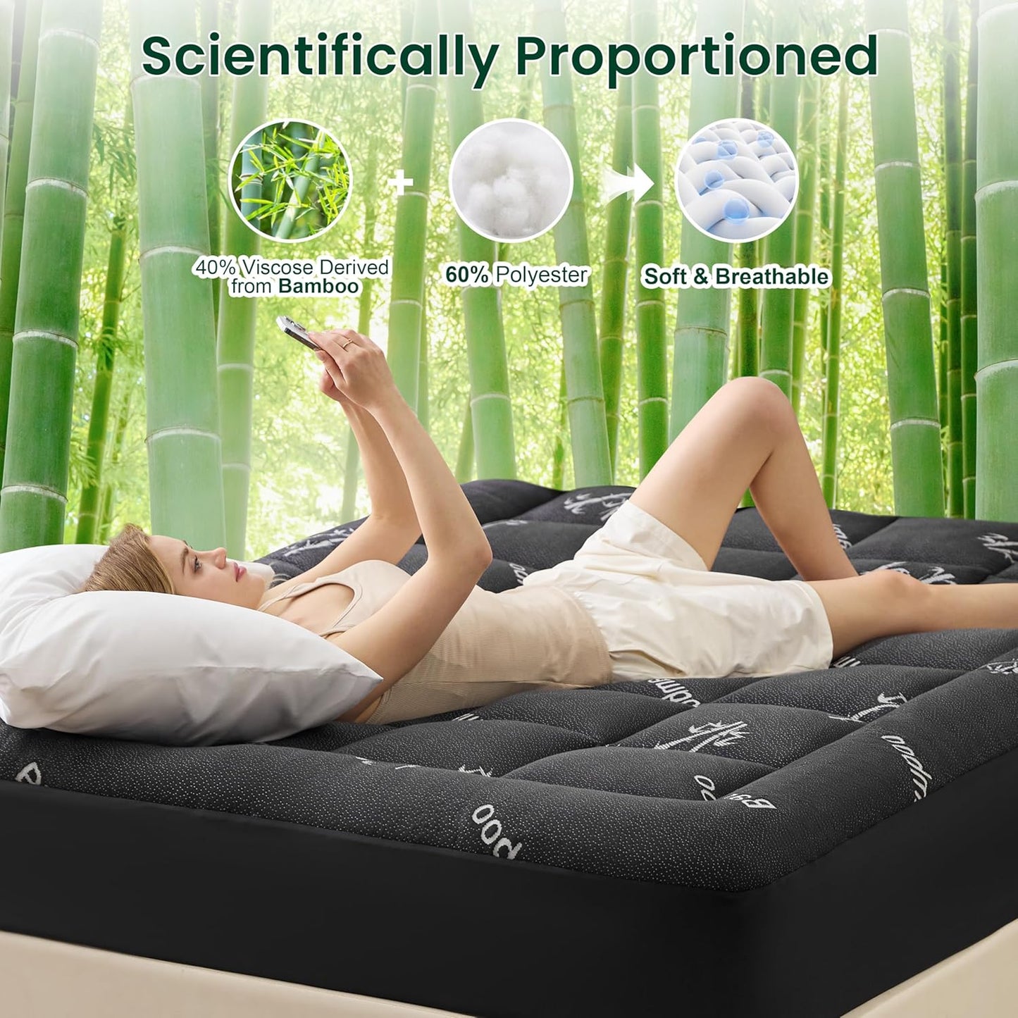 Love's cabin Twin Mattress Topper, Rayon Derived from Bamboo, 900 GSM Breathable Mattress Topper Pad, Thick Pillow Top Mattress Pad Stretches up with 8"-20" Deep Pocket(39"x75"), Black