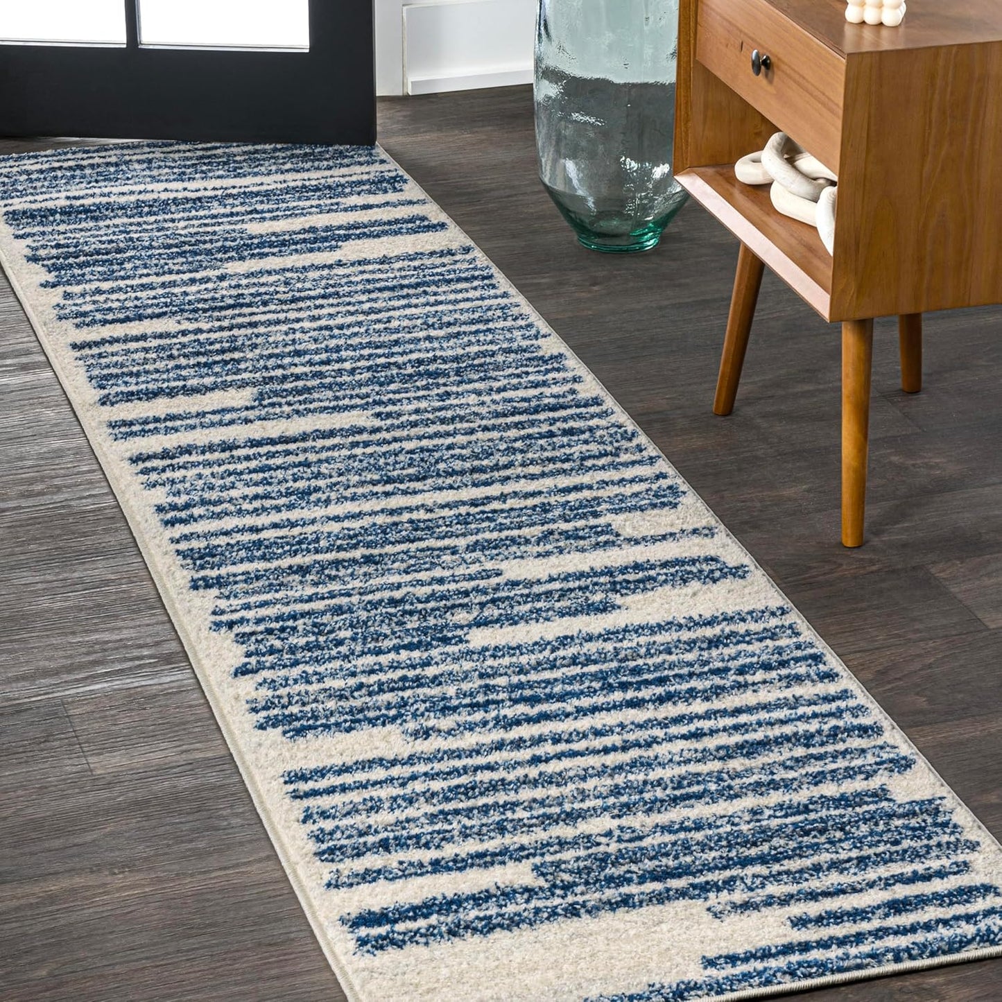 JONATHAN Y Khalil Modern Berber Stripe Cream/Navy Runner Rug, 2x8, Contemporary, Bohemian, Easy-Cleaning for Living Room, Bedroom, Kitchen, Pet Friendly, Non-Shedding (MOH207E-28)