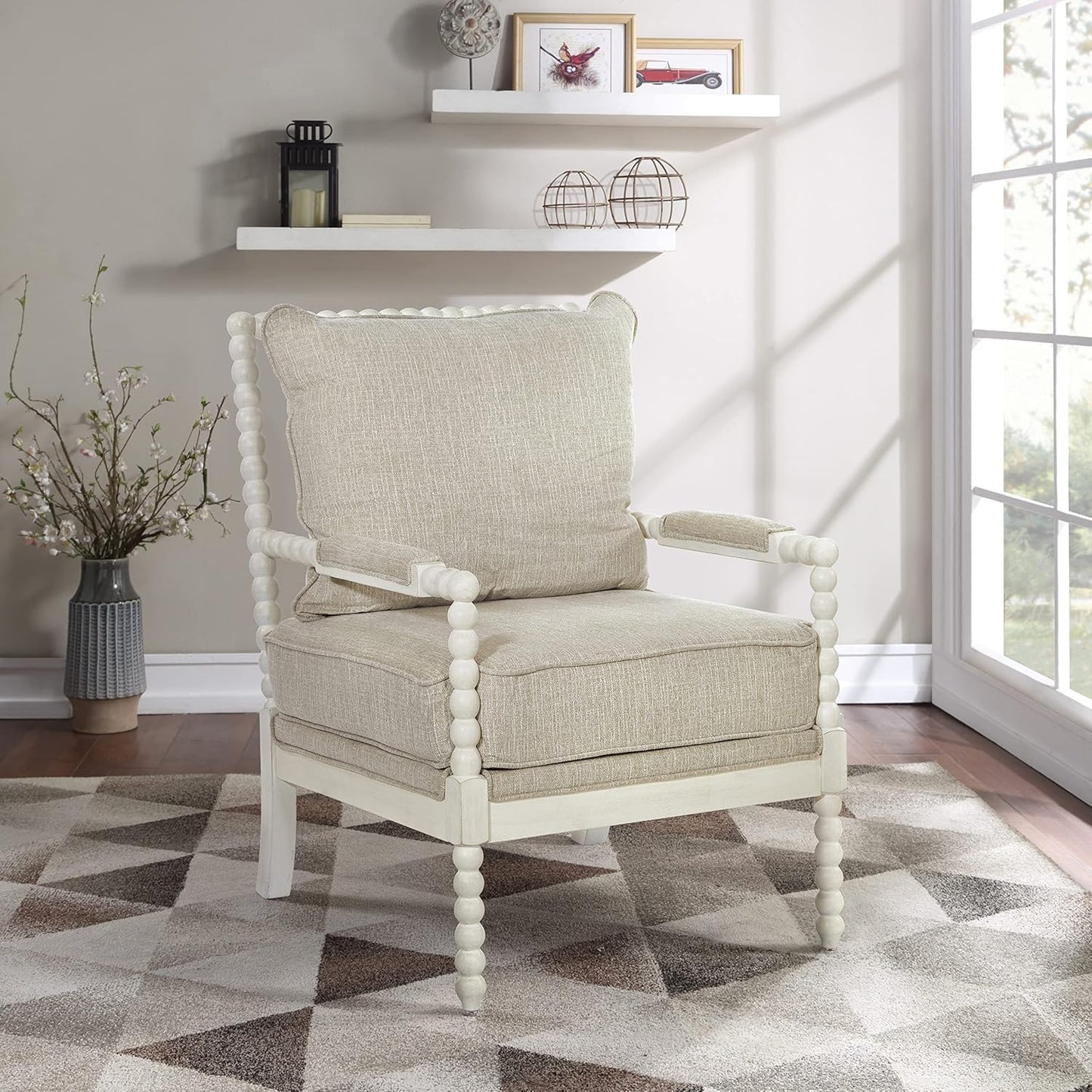 OSP Home Furnishings Kaylee Spindle Accent Chair with Antique White Wood Frame, Beige Linen Fabric