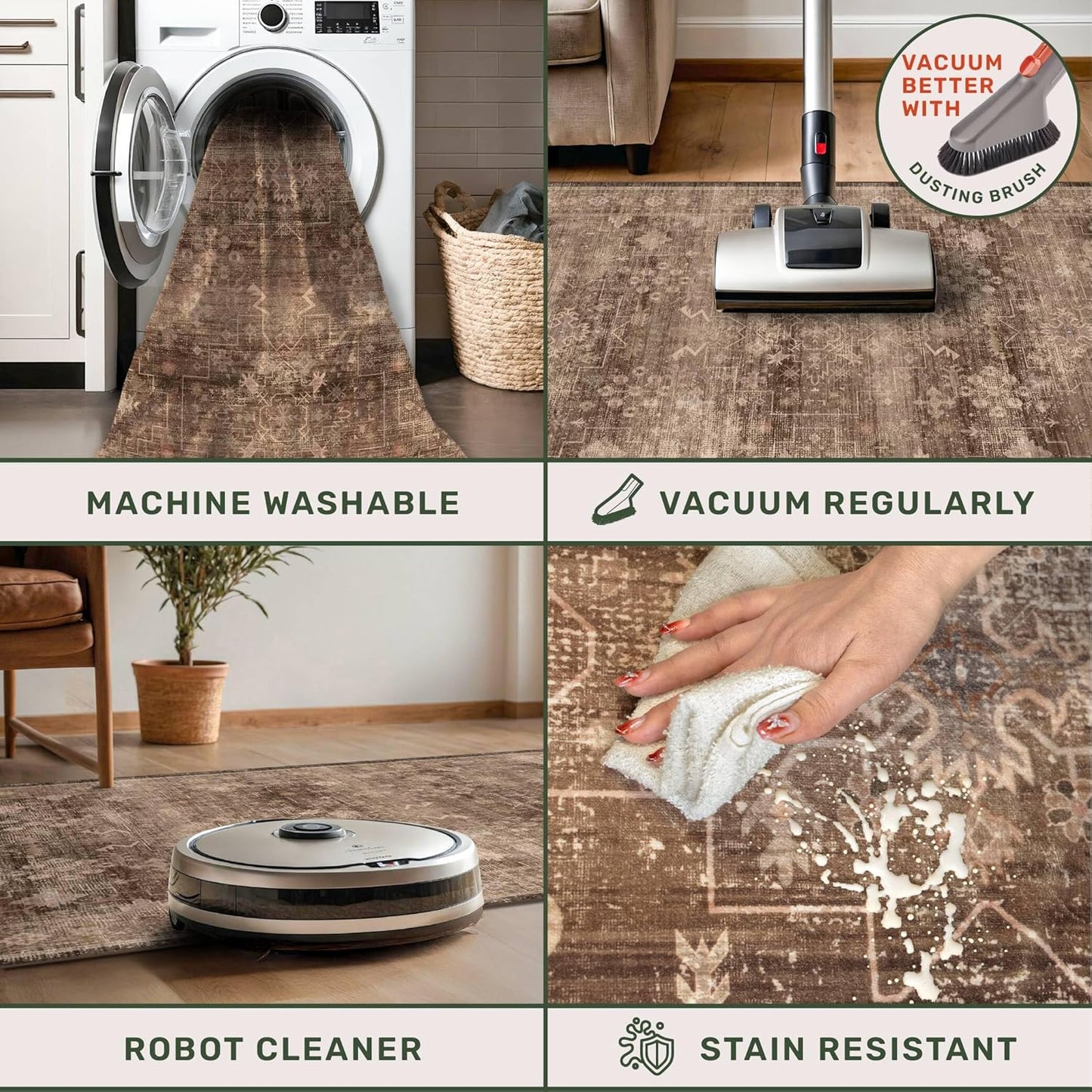 Boho Brown Living Room Rug 6x8 - Modern Vintage Traditional Oriental Taupe Neutral, Washable Low Pile Non-Slip Extra Large Area Rugs for Dining Under Table Bedroom Lounge