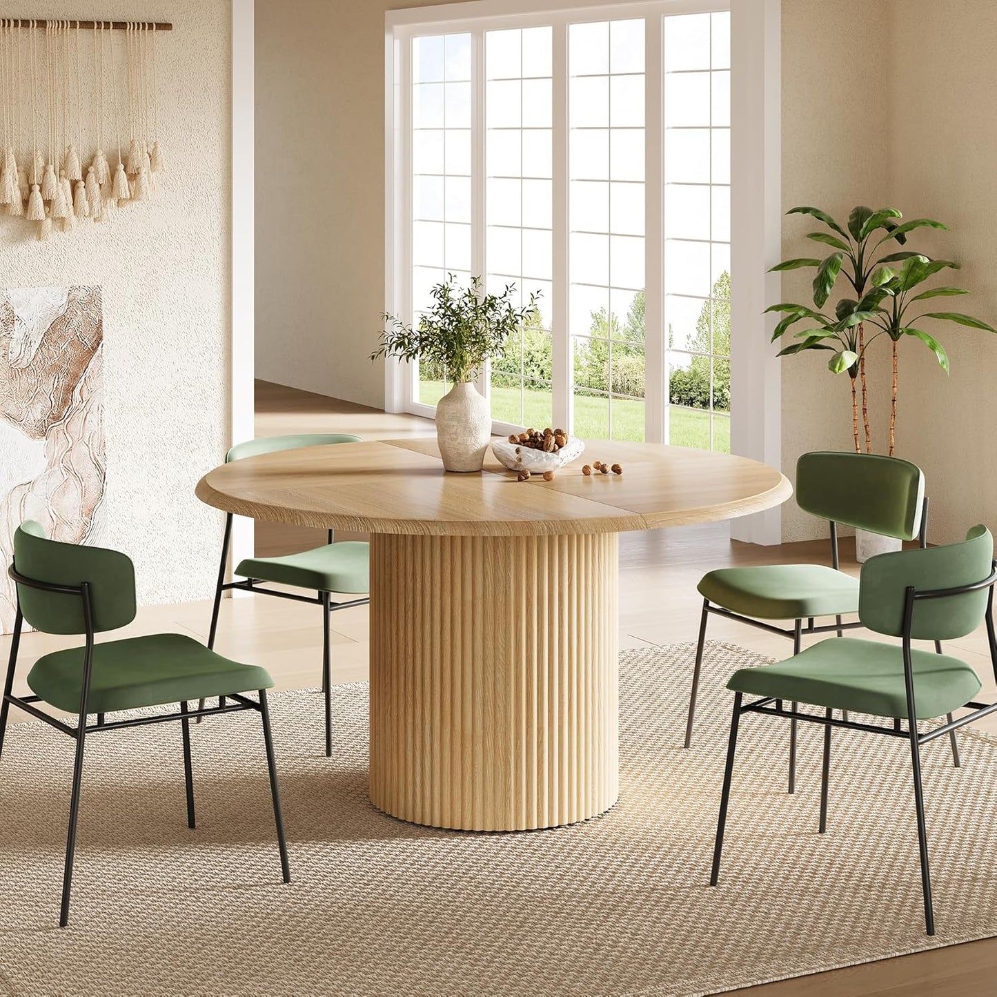 LITTLE TREE 47 Inches Round Dining Table for 4, Farmhouse Natural Wooden Dining Room Table with Fluted Pedestal, Large Circle Kitchen Dinner Table for Dining Room, Living Room (Table Only)