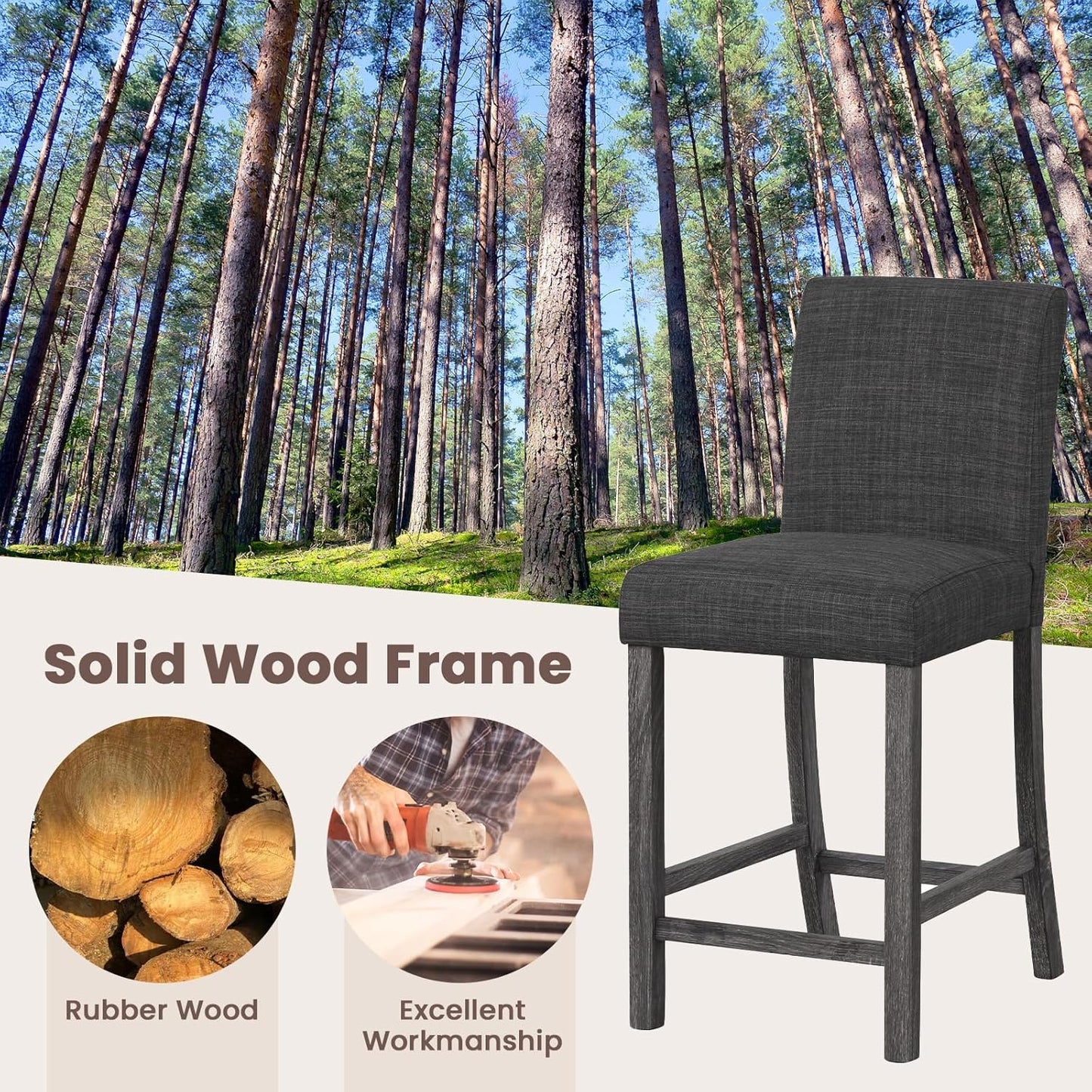 COSTWAY Upholstered Counter Height Stools Set of 4, Bar Stools w/Ergonomic Backrest, Solid Wood Frame, 24.5” Fabric Counter Height Chairs for Kitchen Island, Dining Room, Pub (Grey)