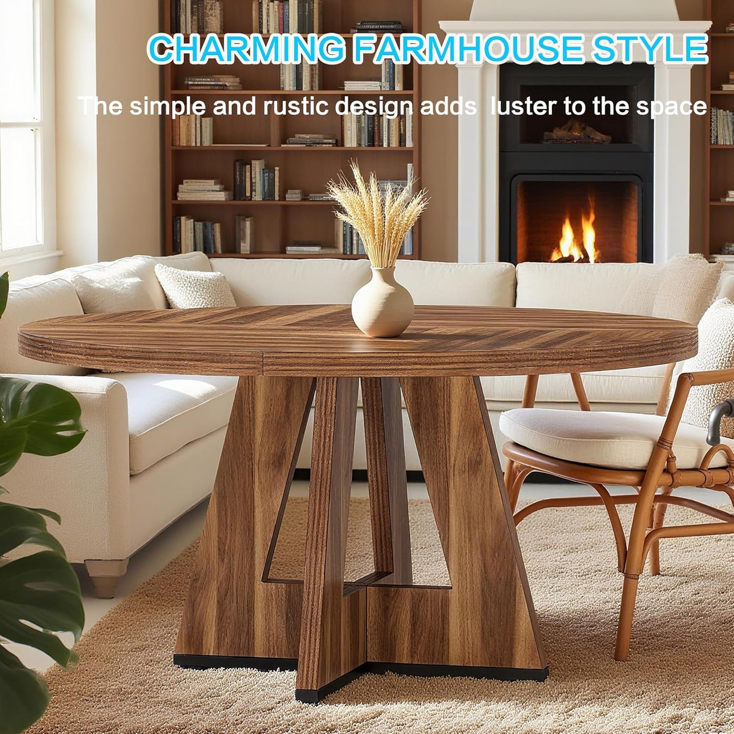 47" Round Dining Table for 4-6, Modern Dinner Table Farmhouse Round Small Kitchen Tables with Wooden Cross Base for Dining Room, Kitchen, Living Room, Vintage Brown