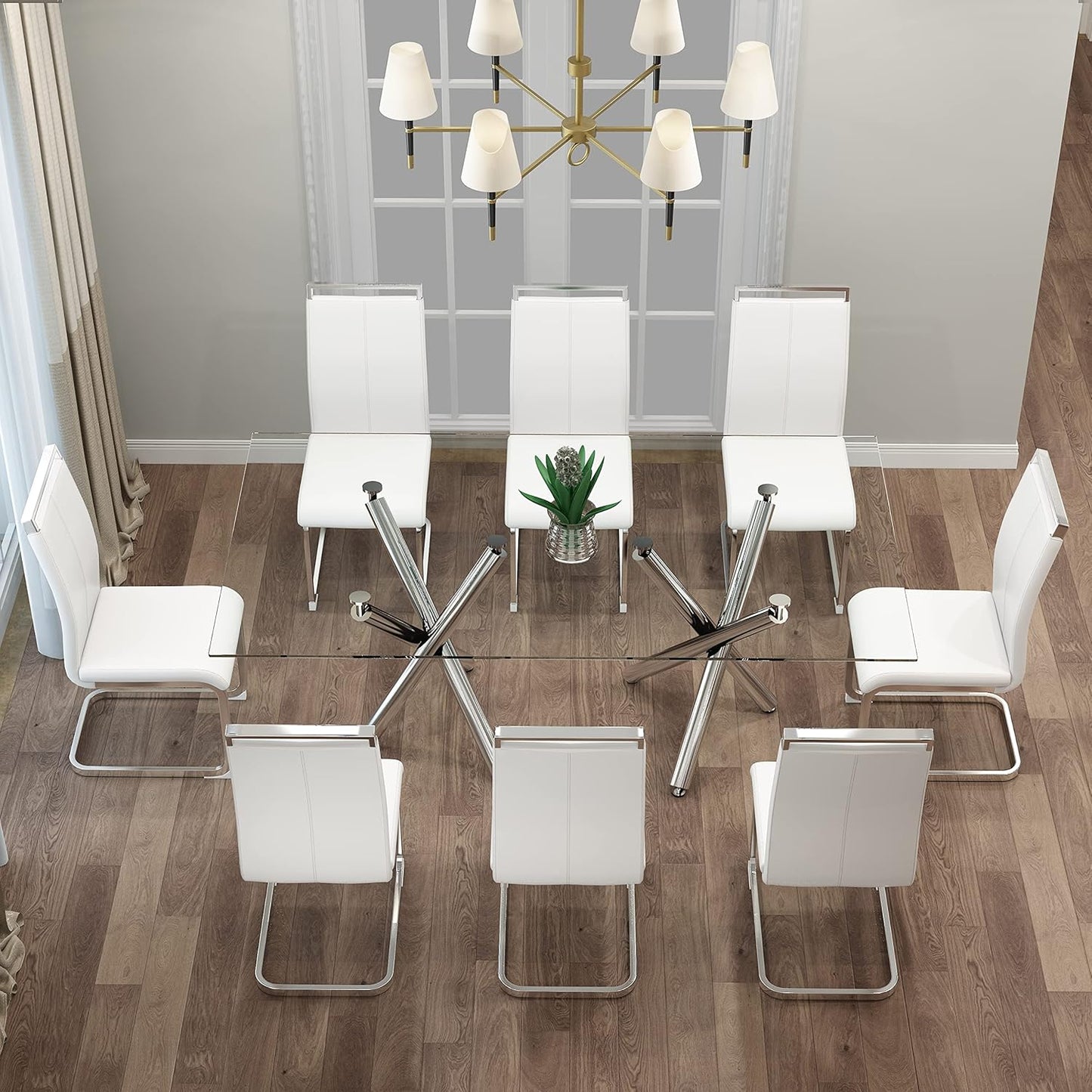 Dining Chairs Set, Kitchen Modern Metal Chairs with Faux Leather Padded Seat High Back and Sturdy Chrome Legs, Chairs for Dining Room (White, Set of 8)