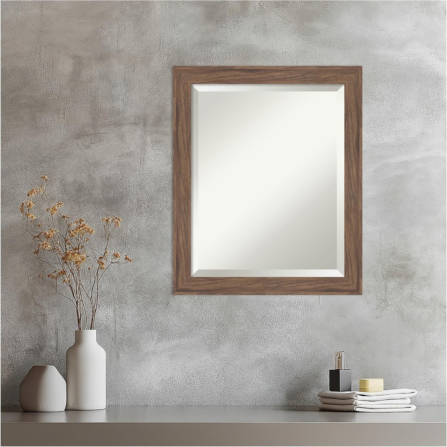 Amanti Art Brown Wall Mirror 23x19 Pia Medium Brown Narrow Rectangle Bathroom Mirror for Wall Decor Living Room, Small Casual Frame, Hangs Horizonally and Vertically, Bathroom Decor, Beveled Edge