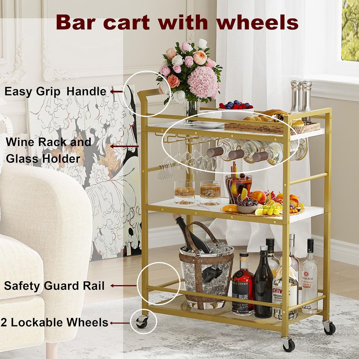 3 Tier Bar Cart, Home Bar Serving Cart with Wheels, Small Rolling Beverage Cart with Glass Holders, Mini Drink Cart with Wine Rack for Kitchen Dining Living Room Gold GBC507G