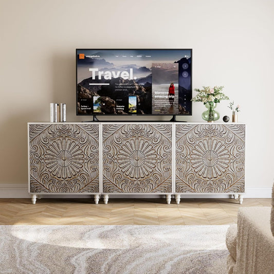 COSIEST Set of 3 32" Buffet Sideboard Cabinets with Storage, Accent Cabinet with Push-to-Open Doors, Vintage Flower Carved Pinewood Doors, Entryway Console for Living Room, Kitchen, Hallway, Gray