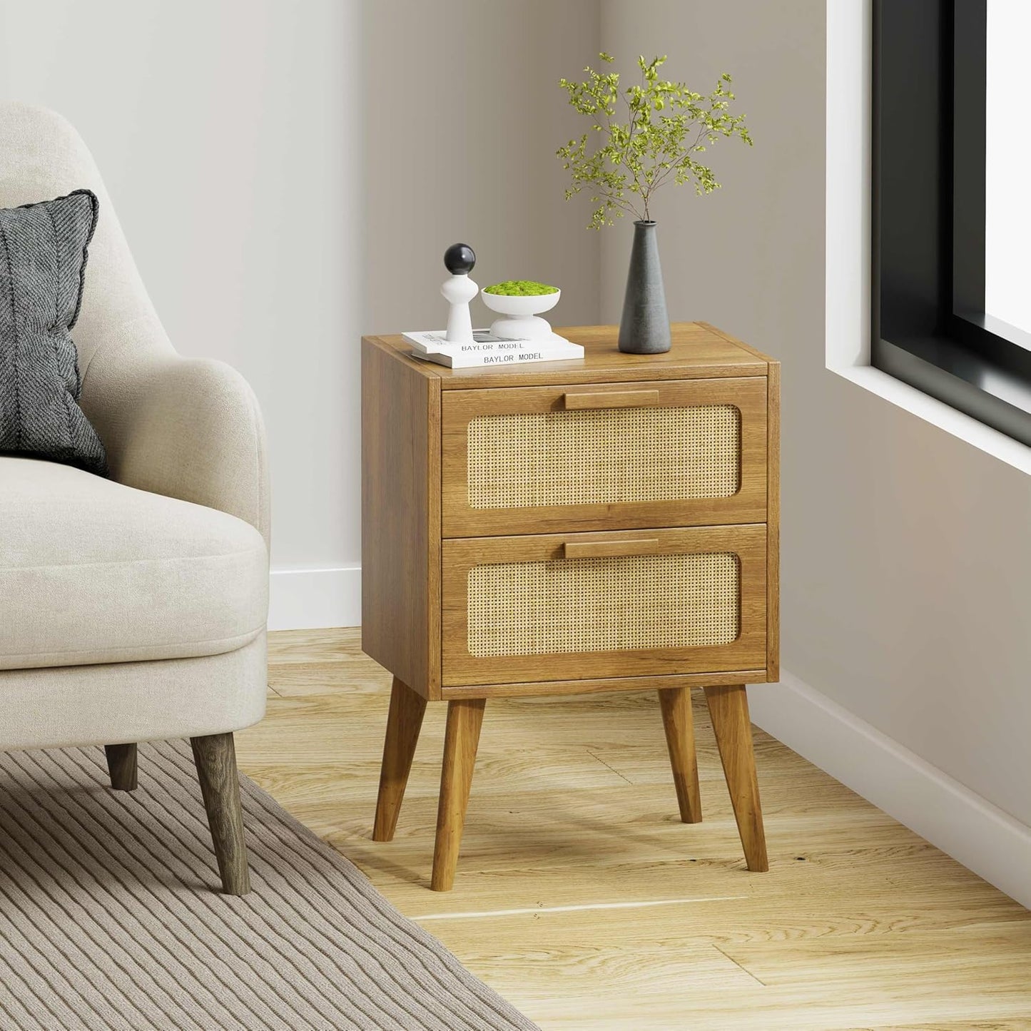 Rattan Nightstand,End Table, Side Table with 2 Hand Made Rattan Decorated Drawers,Boho Bedside Table,Wood Accent Table with Storage for Livingroom, Bedroom, Toffee Wood CTG59T