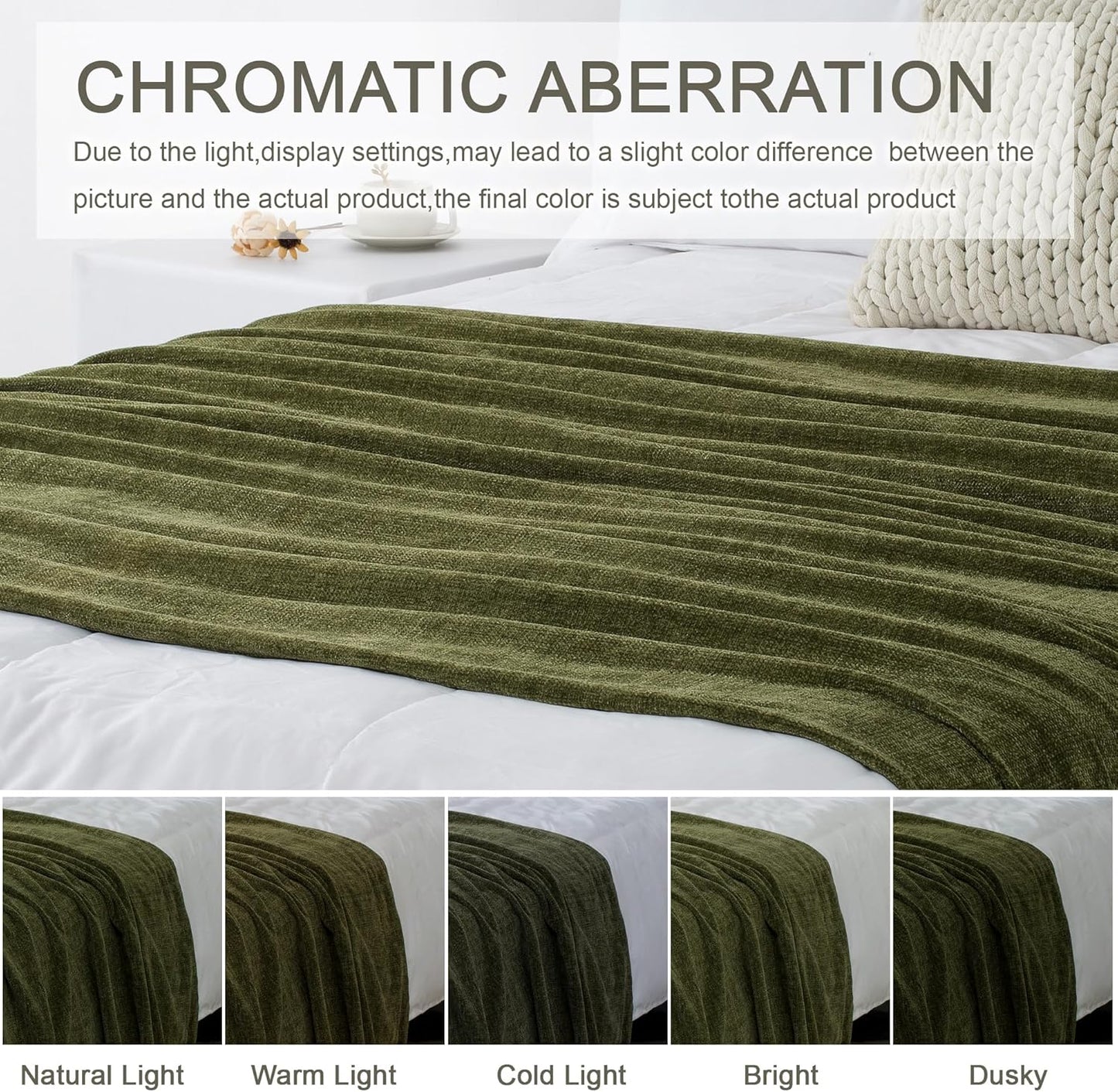 Chenille Throw Blanket for Couch 60"X 80" Twin, Soft Cozy Throws with Fringe Tassel for Bed Sofa Chair Cover, Lightweight Knitted Decorative Boho Blankets for Living Room, Olive Green