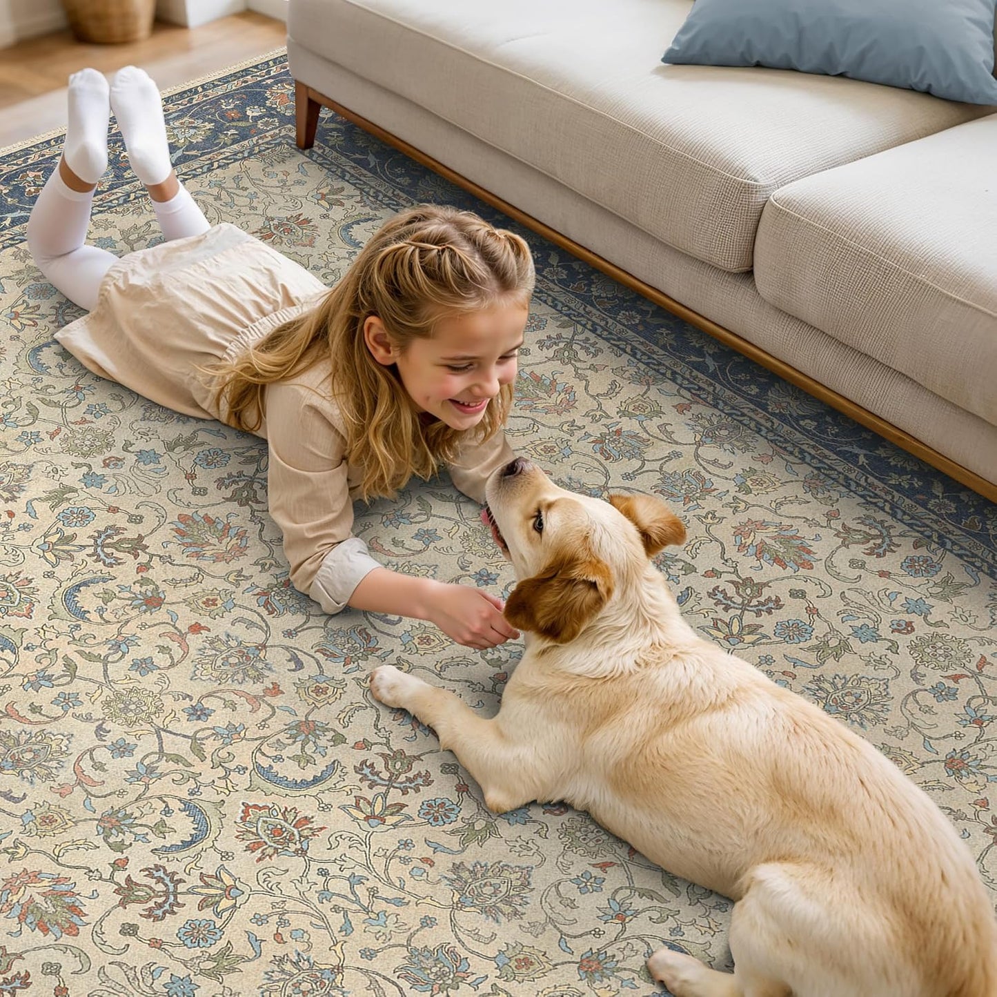 8X10 Area Rugs Machine Washable Rugs for Living Room, Vintage Boho Large Rugs for Bedroom Dining Room, Non Slip Indoor Soft Distressed Lightweight Thin Low Pile Carpet, Ivory Navy Blue