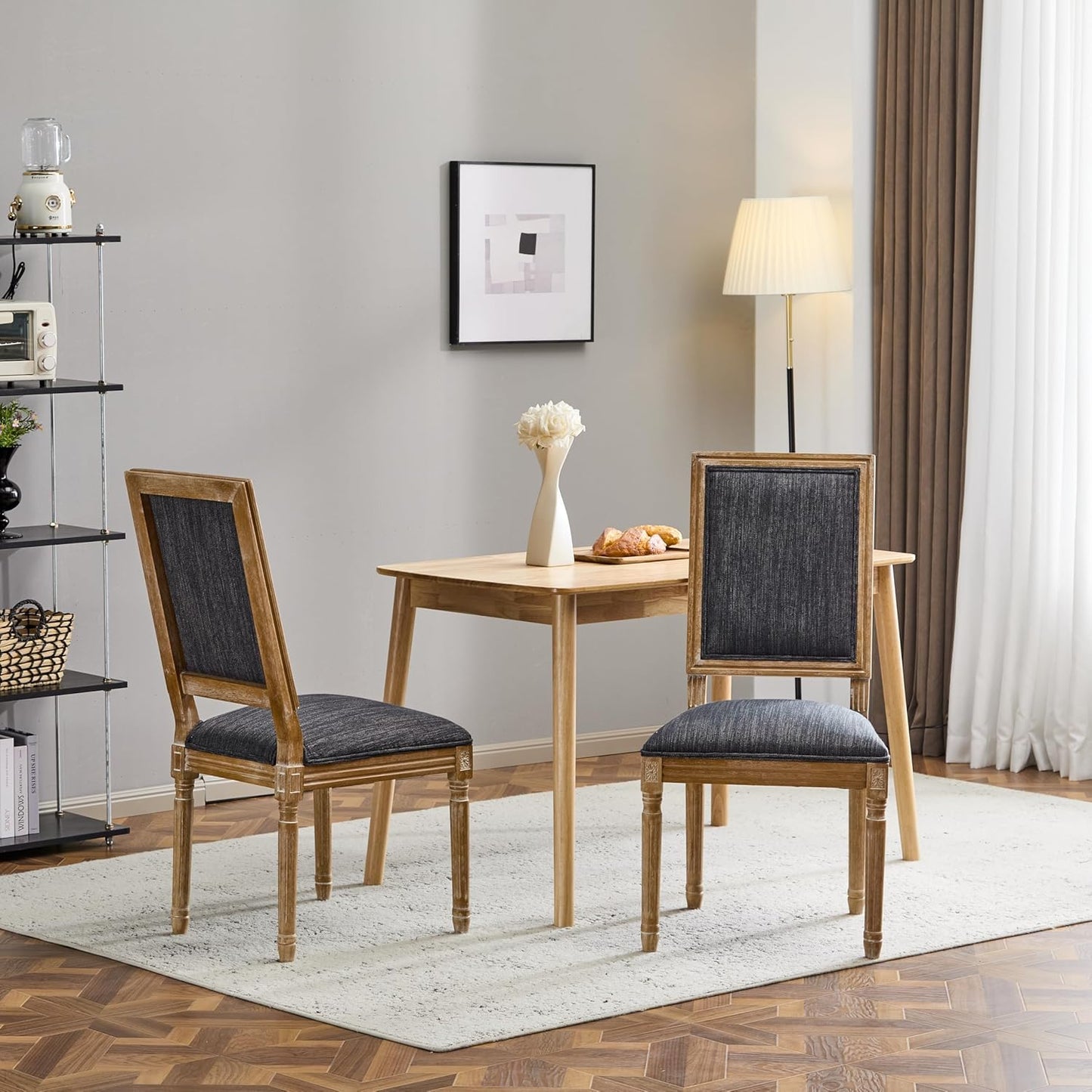 Christopher Knight Home Regina French Country Dining Chairs Set of 2, Wooden Dining Room Chair, High Back Kitchen Side Chair, Fabric Upholstered Armless Extra Seat, Blue Grey