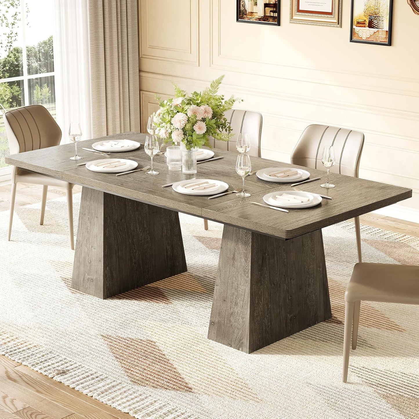 LITTLE TREE Dining Table for 6 People, Wooden Table, Rectangle Furniture with Heavy Duty Legs, Modern Kitchen Table for Home, Dining Room, Grey