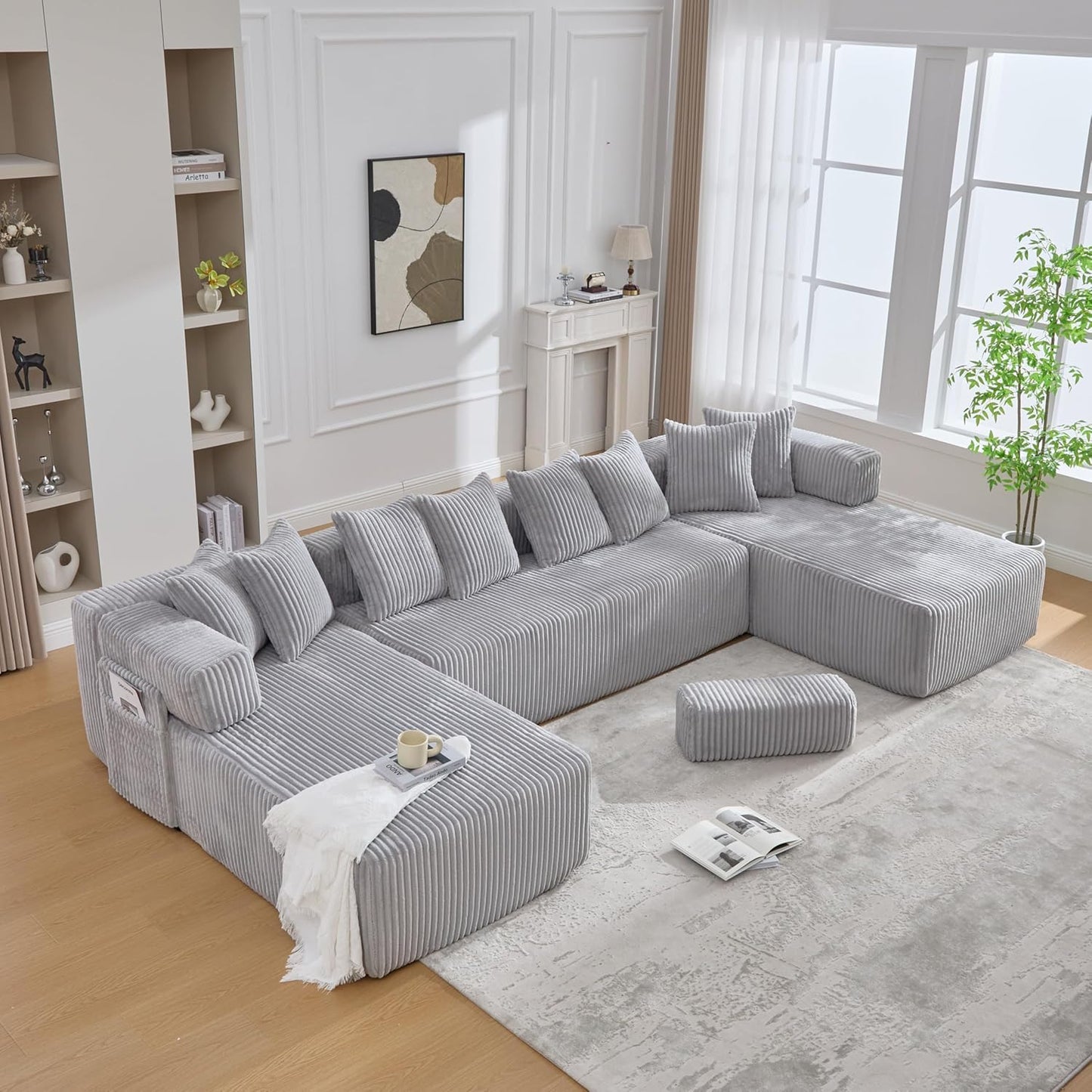 Eafurn DIY Combination Compression Modular Sectional Sofa with Double Chaise Lounge, 146" Oversized U Shaped Boneless Couch with Deep Seat Convertible Sleeper Sofabed w/Throw Pillows