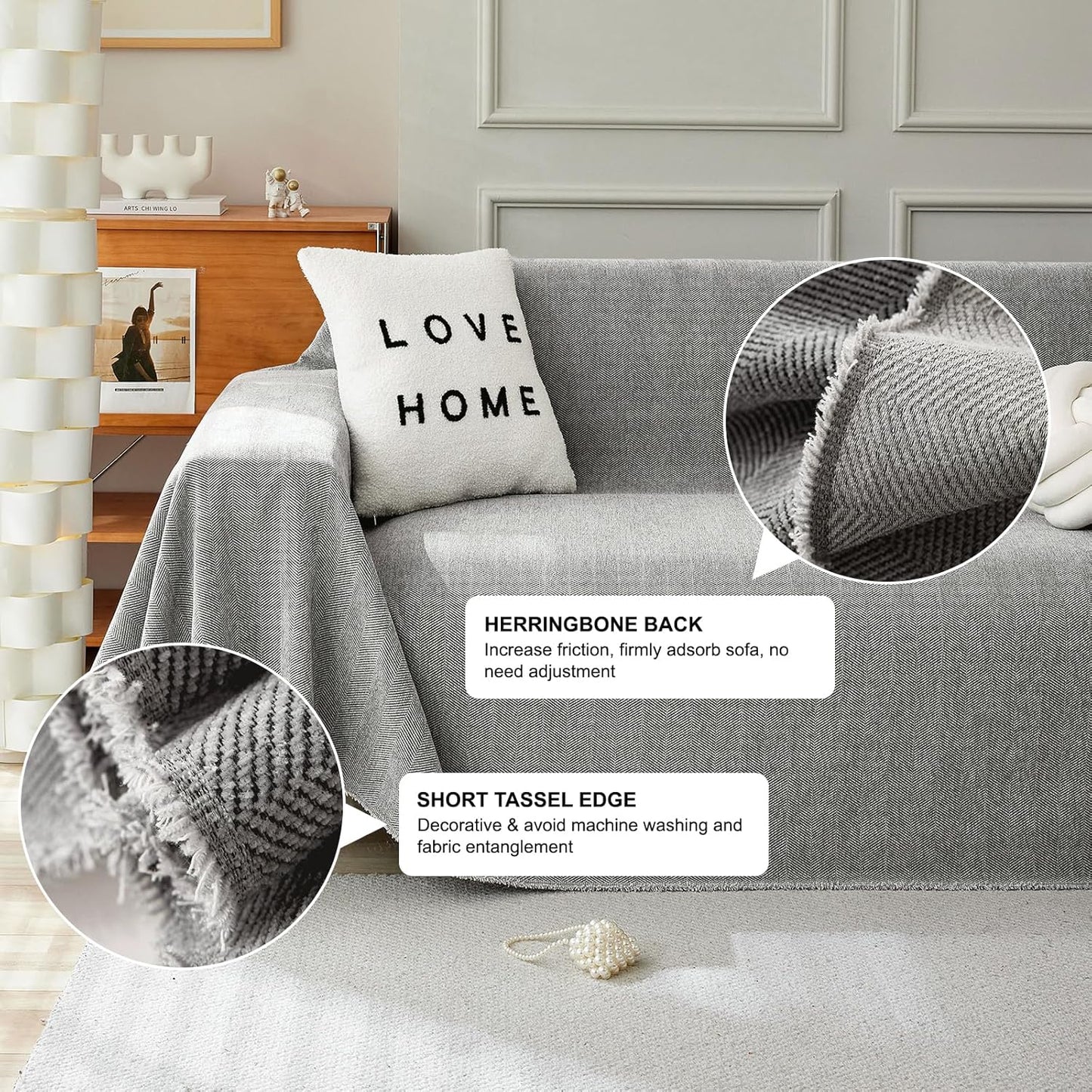 STACYPIK Soft Dark Gray Couch Cover for Pets, Herringbone Jacquard Sofa Covers for 3 Cushion Couch,Skin-Friendly Washable Sofa Covers for Loveseat, Non Slip Sectional Sofa Blanket Cover-91X150IN