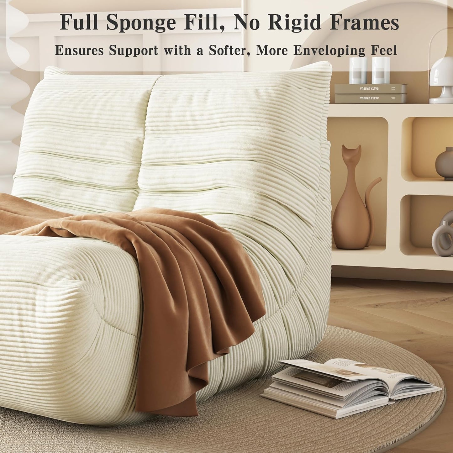 Bean Bag Chair, Lazy Floor Sofa Couch for Adults and Kids, Fireside Chair with Ergonomic Design, Memory Foam Lounge Chair for Living Room Bedroom, Office, Beige