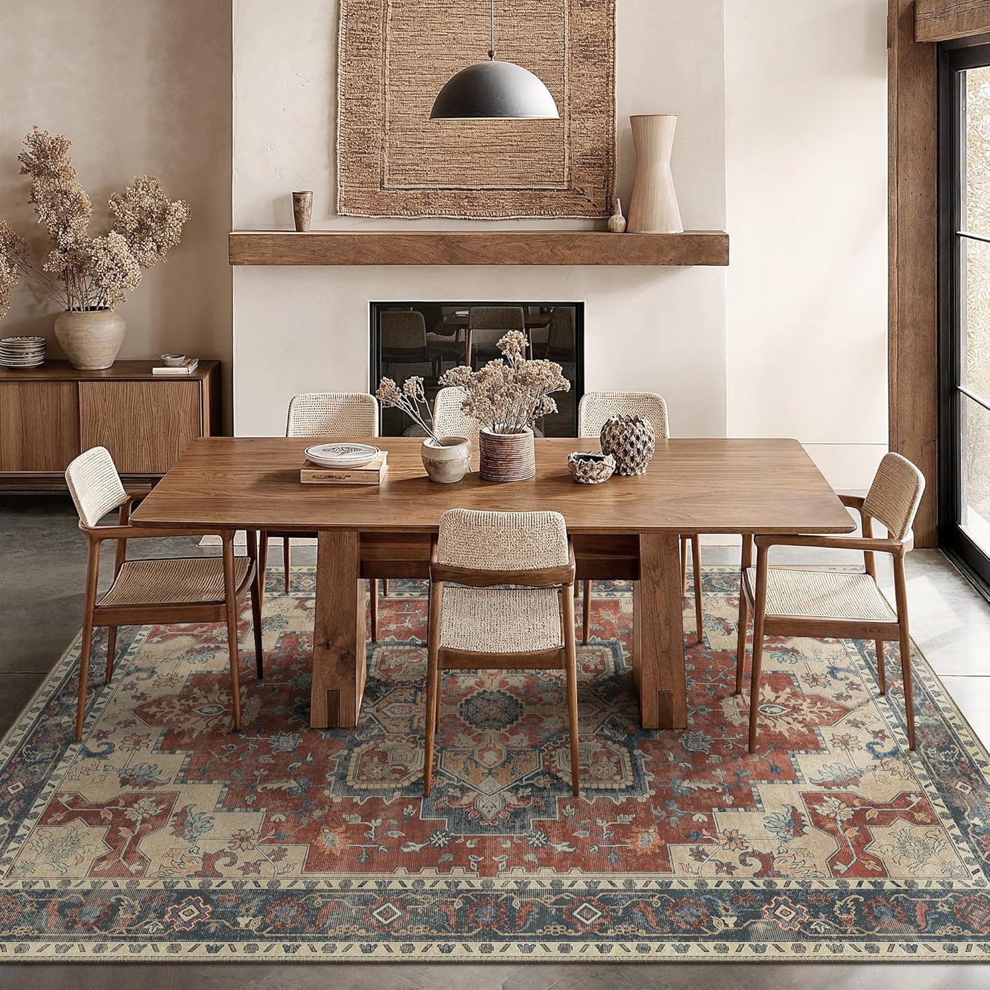 GENIMO 10x14 Area Rugs for Living Room, Machine Washable Non Slip Vintage Rugs, Low Pile Lightweight Chenille Print Rug for Bedroom, Dining Room, Home Office,Bordeaux