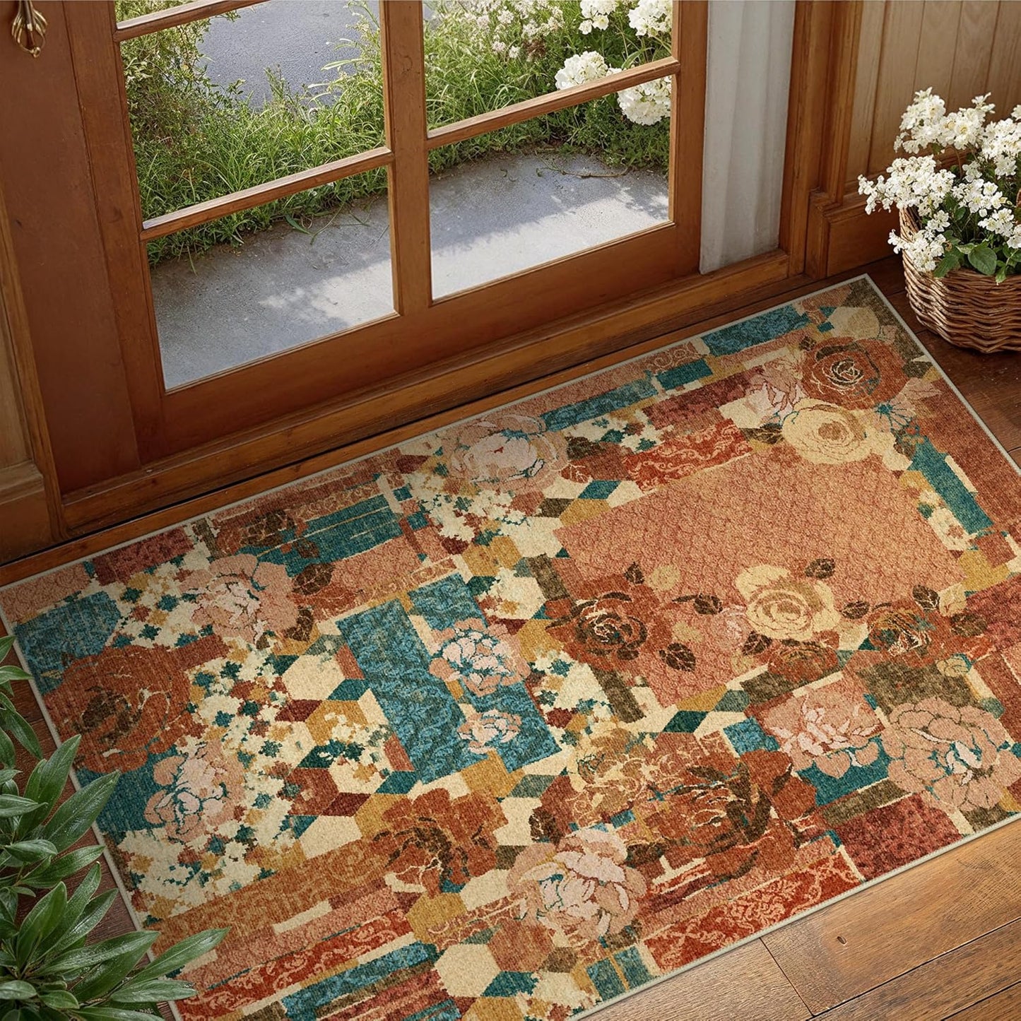 GENIMO Area Rug 2x3 Doormat, Machine Washable Low Pile Rugs, Small Floral Patchwork Retro Chenille Entryway Mat for Entrance, Hallway, Kitchen and Corridor, Rose Red